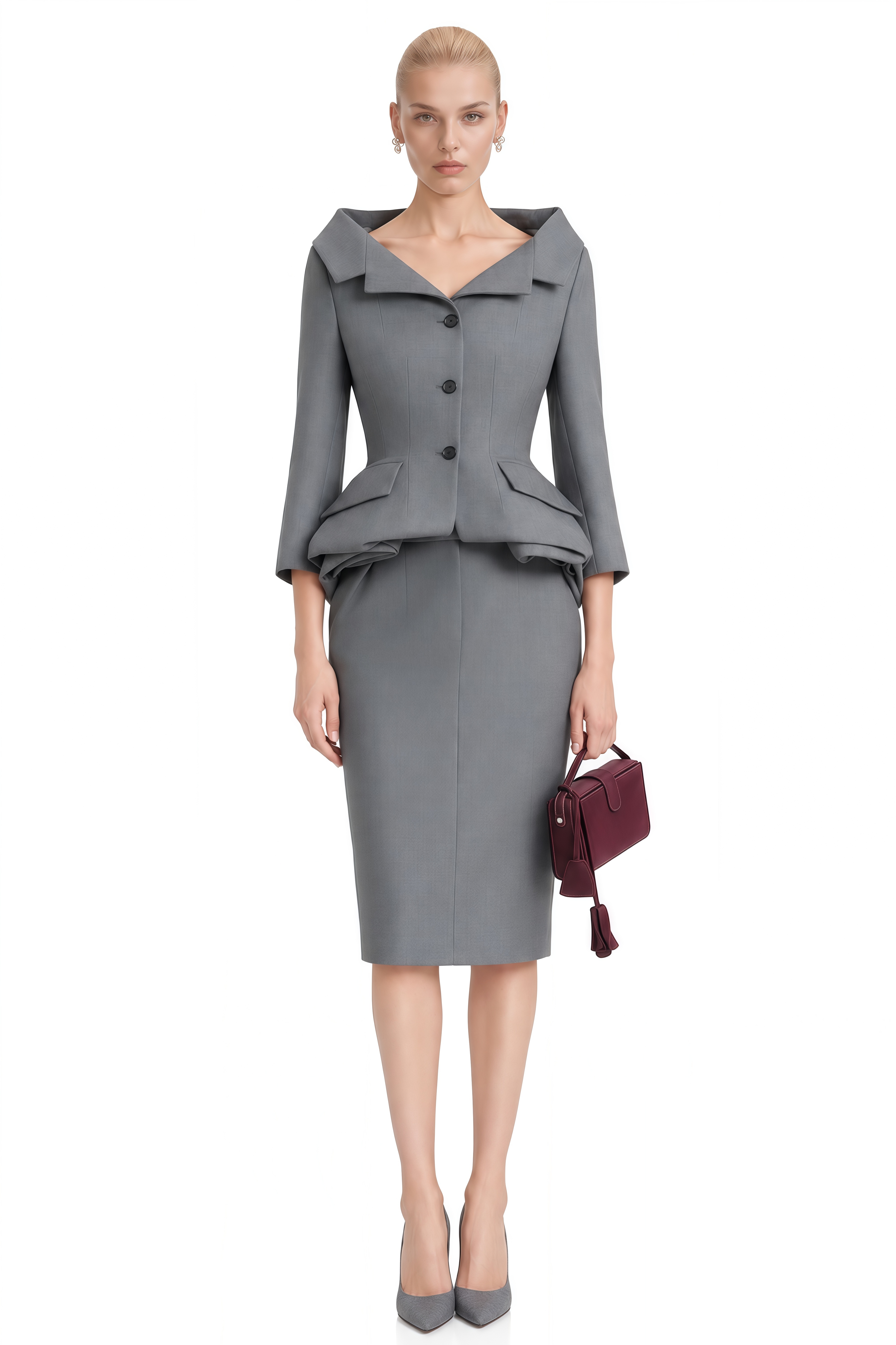Coco Grey Notched Lapel Ruffled Blazer & Skirt Set