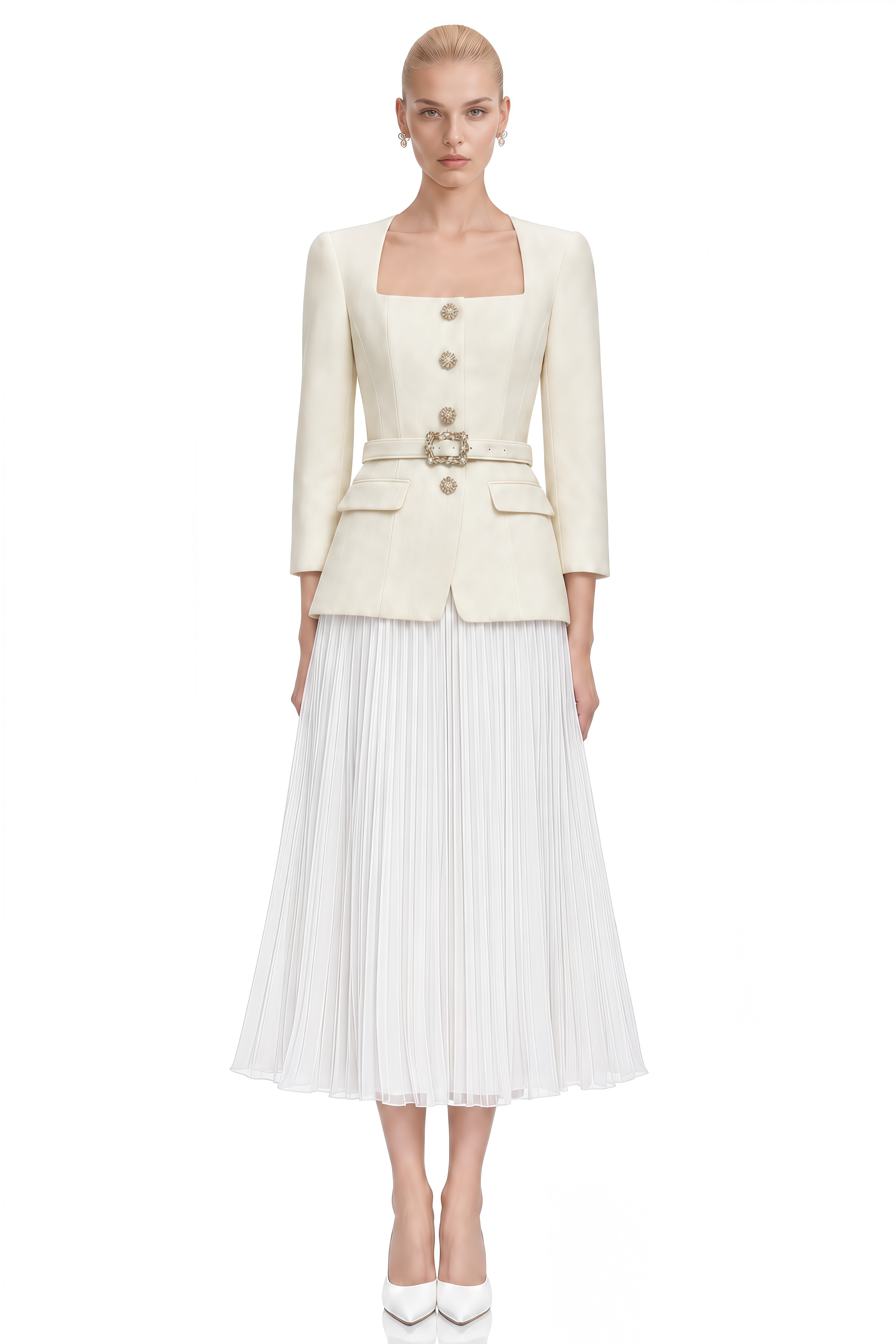 Lavinia Ivory Embellished Pleated Jacket & Skirt Set