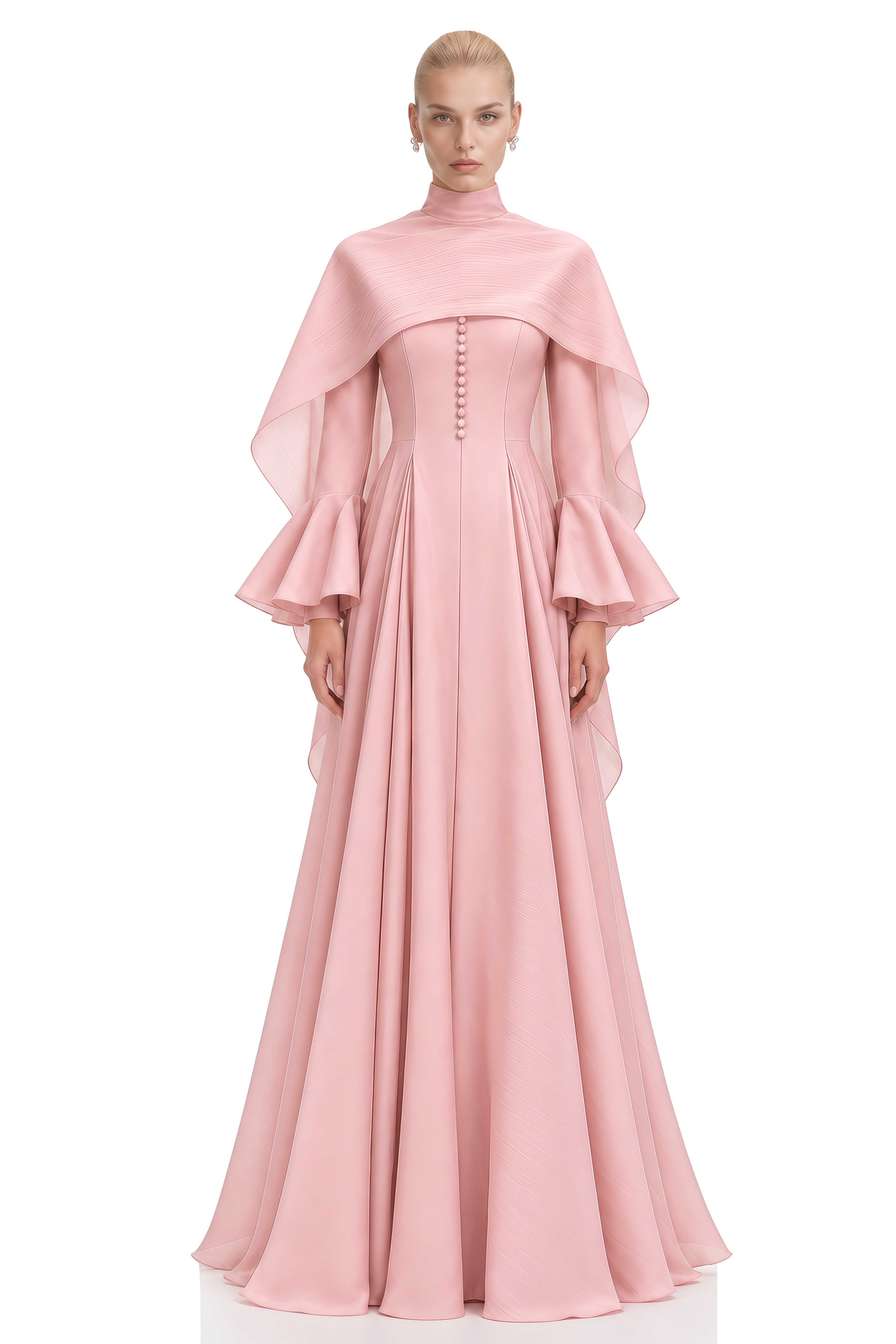 Noelle Pink Cape Design Pleated Maxi Dress