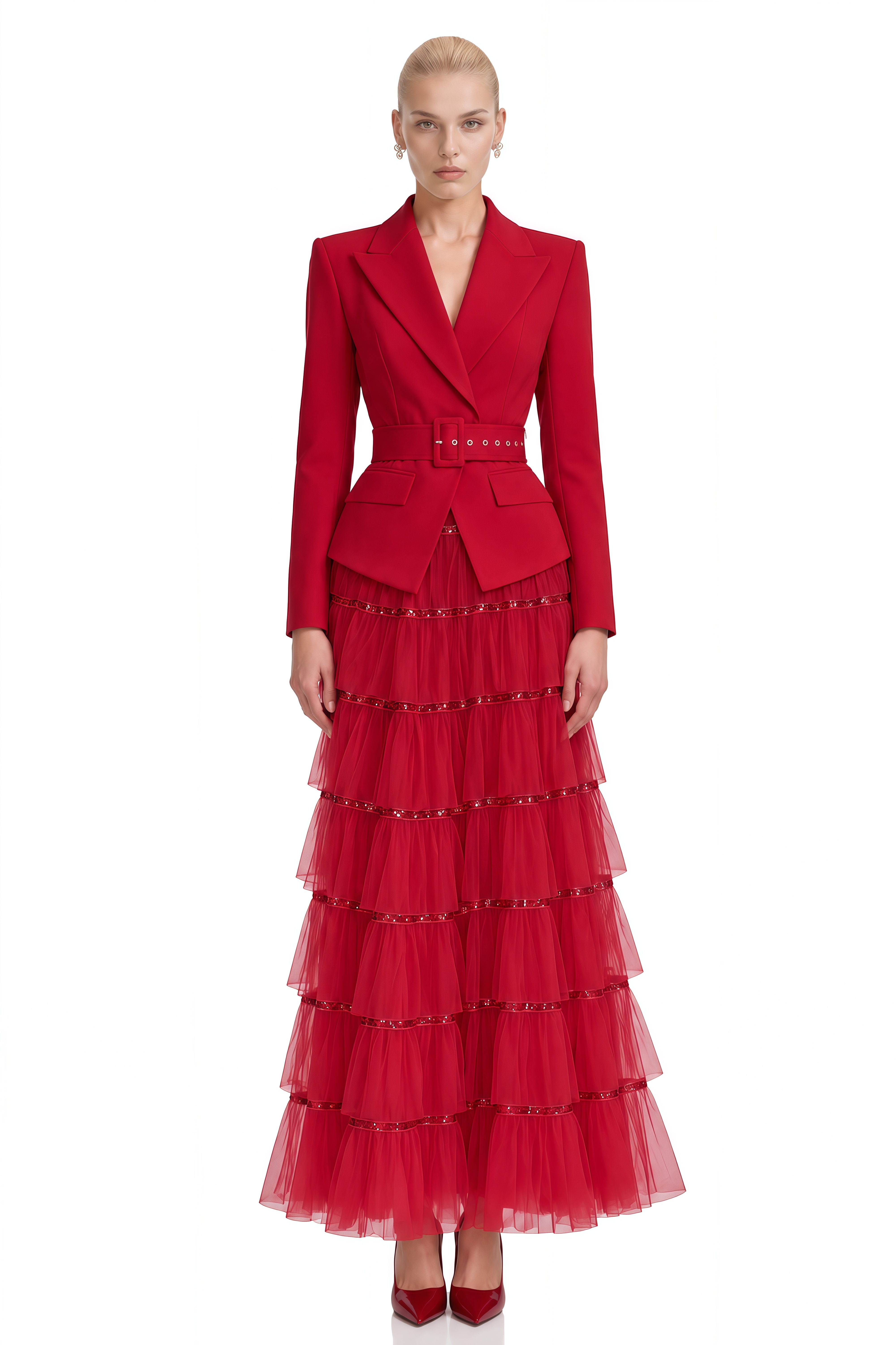Delphine Red Sequin Belted Maxi Dress