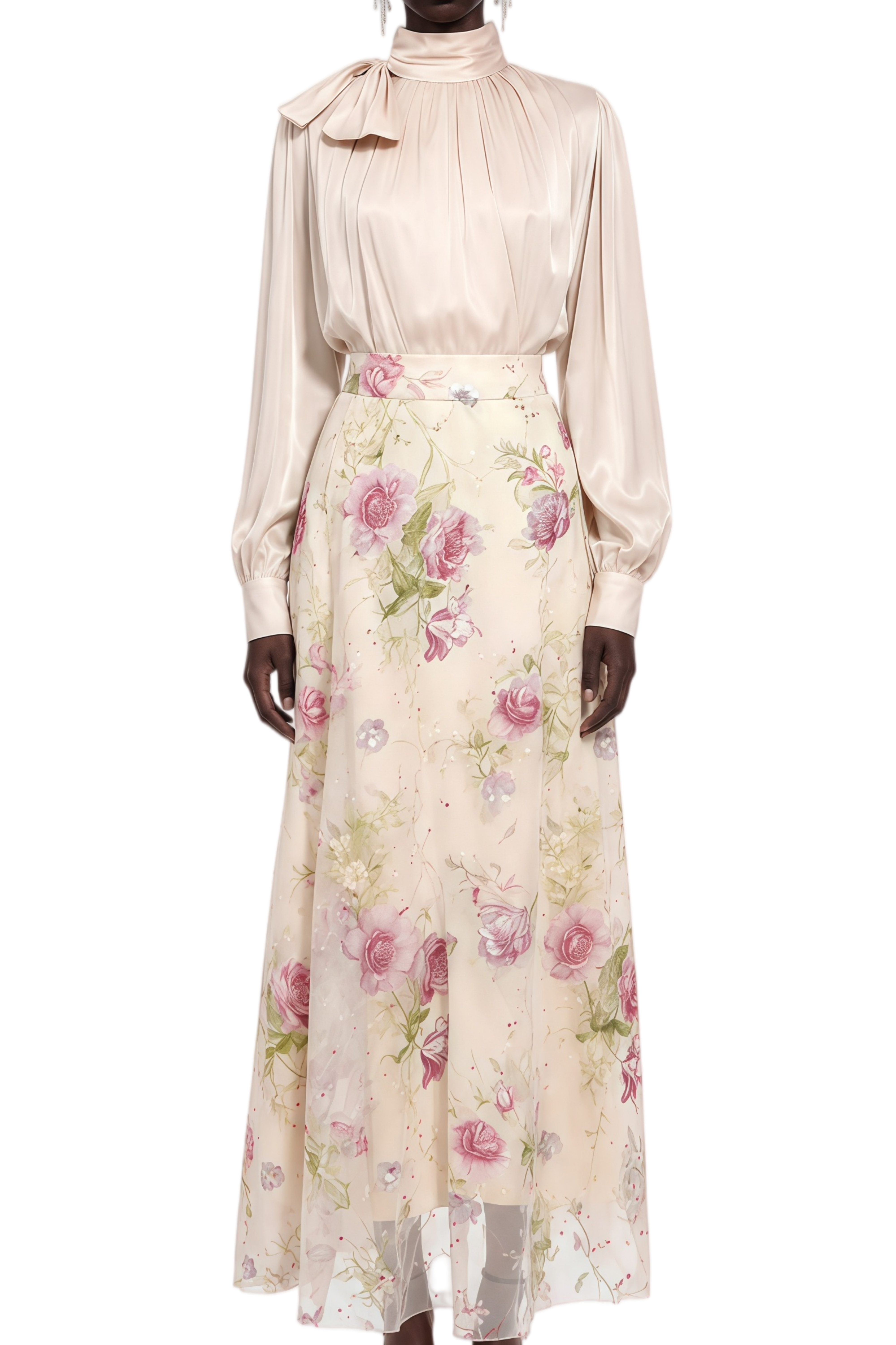 Zephyra Neutral Floral Print Turtleneck Top & Skirt Set