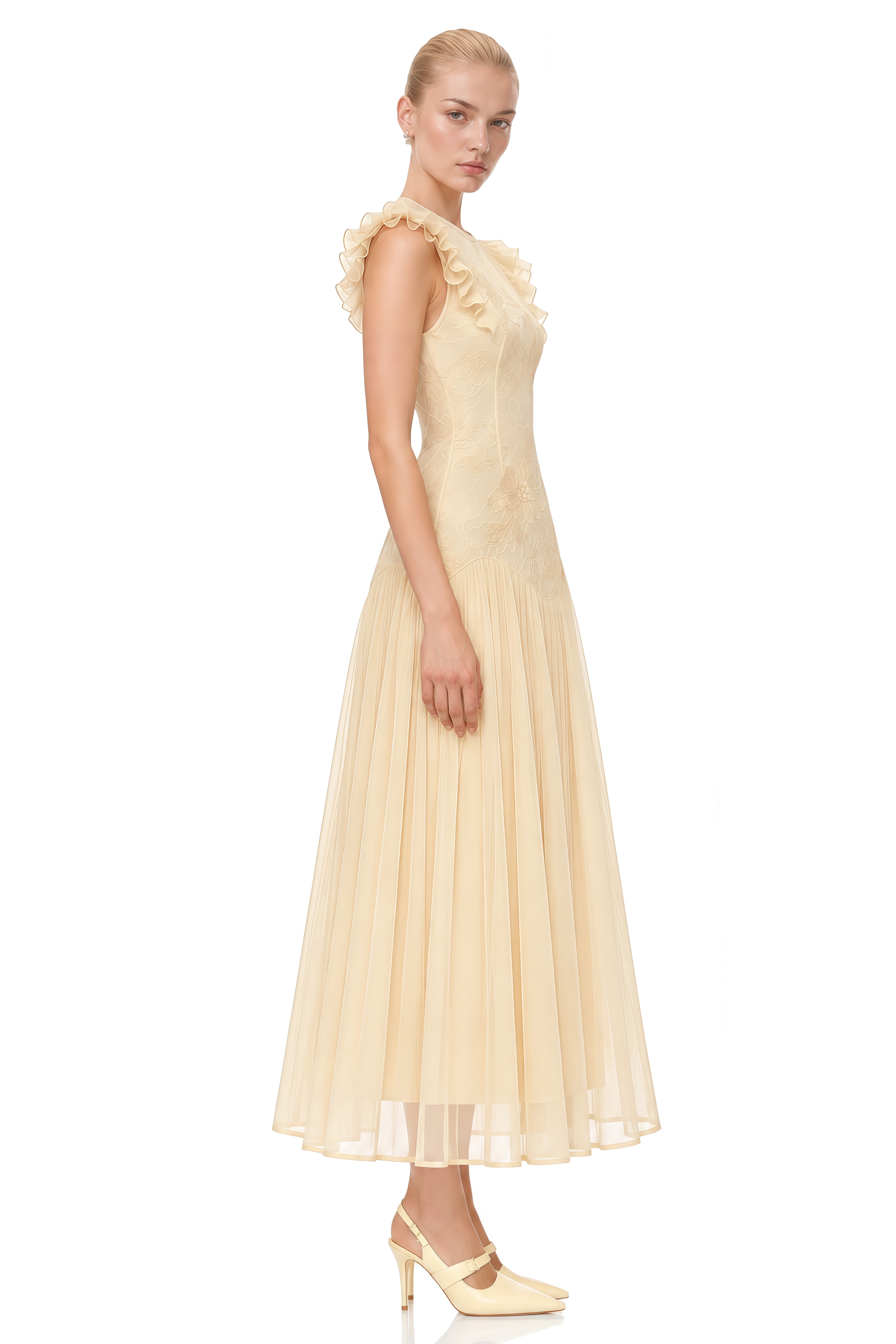 Manon Yellow Round Neck Pleated Midi Dress
