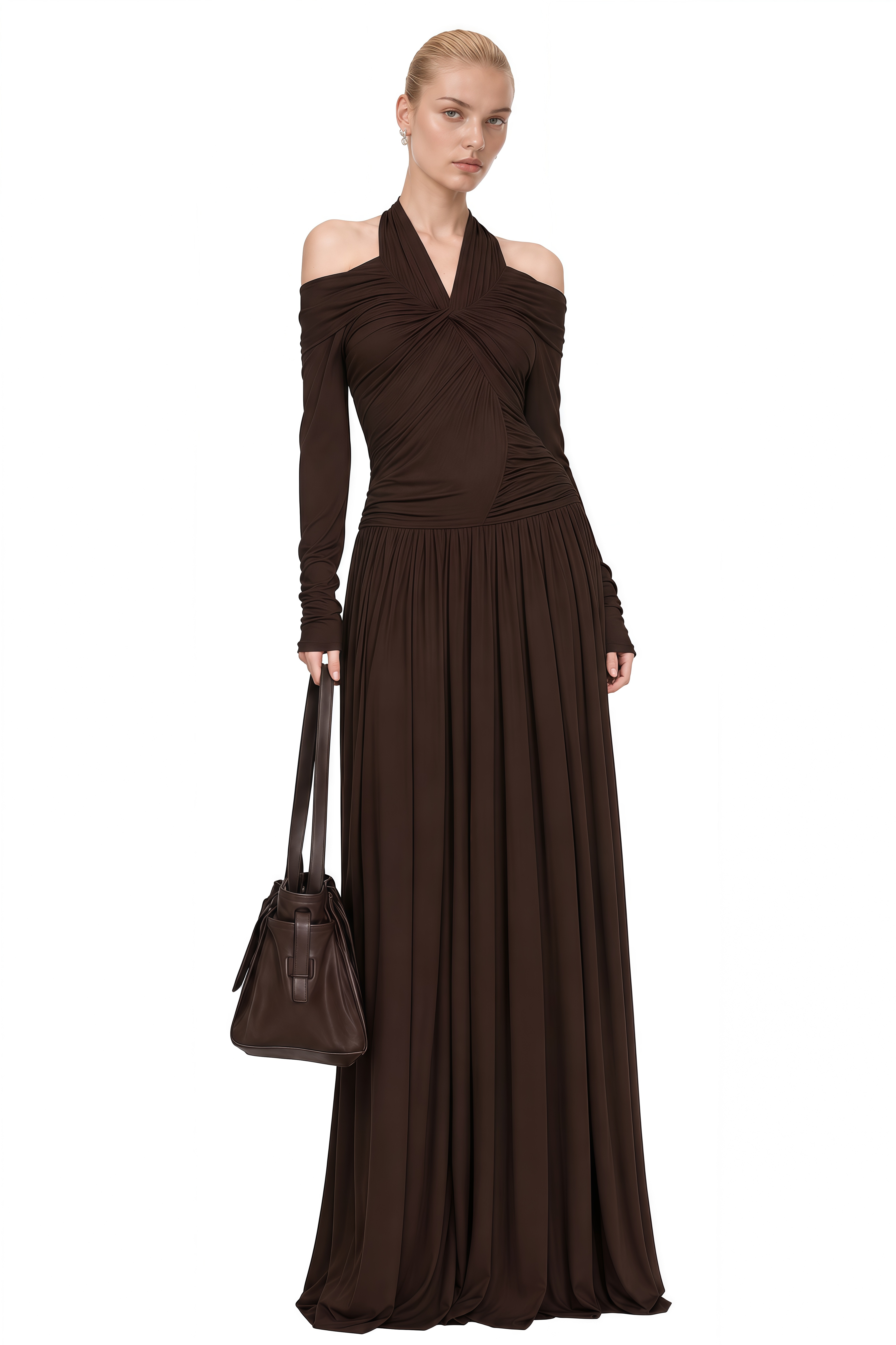 Nerissa Brown Off Shoulder Draped Maxi Dress