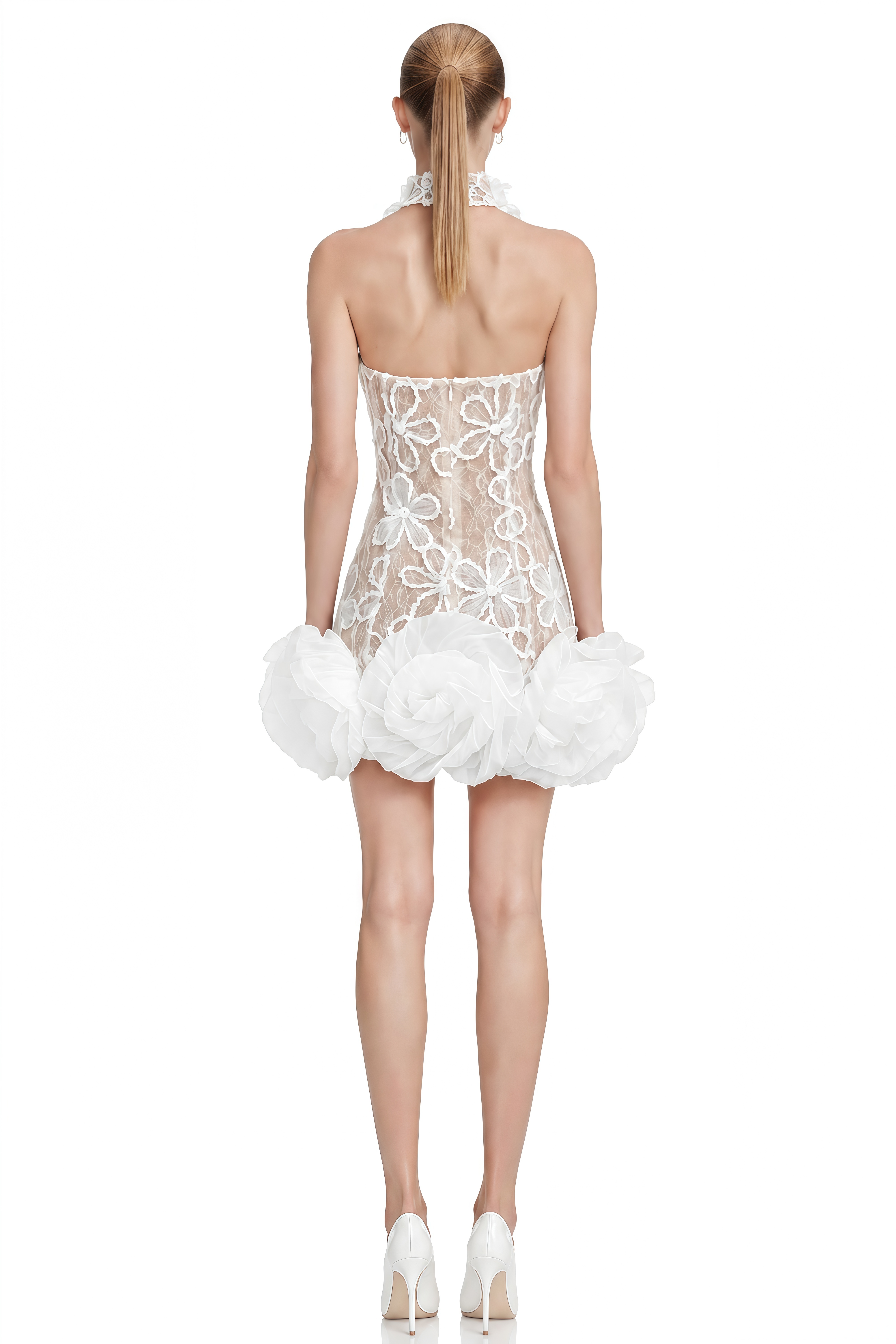 Isolde White Halterneck Floral Appliqué Mini Dress
