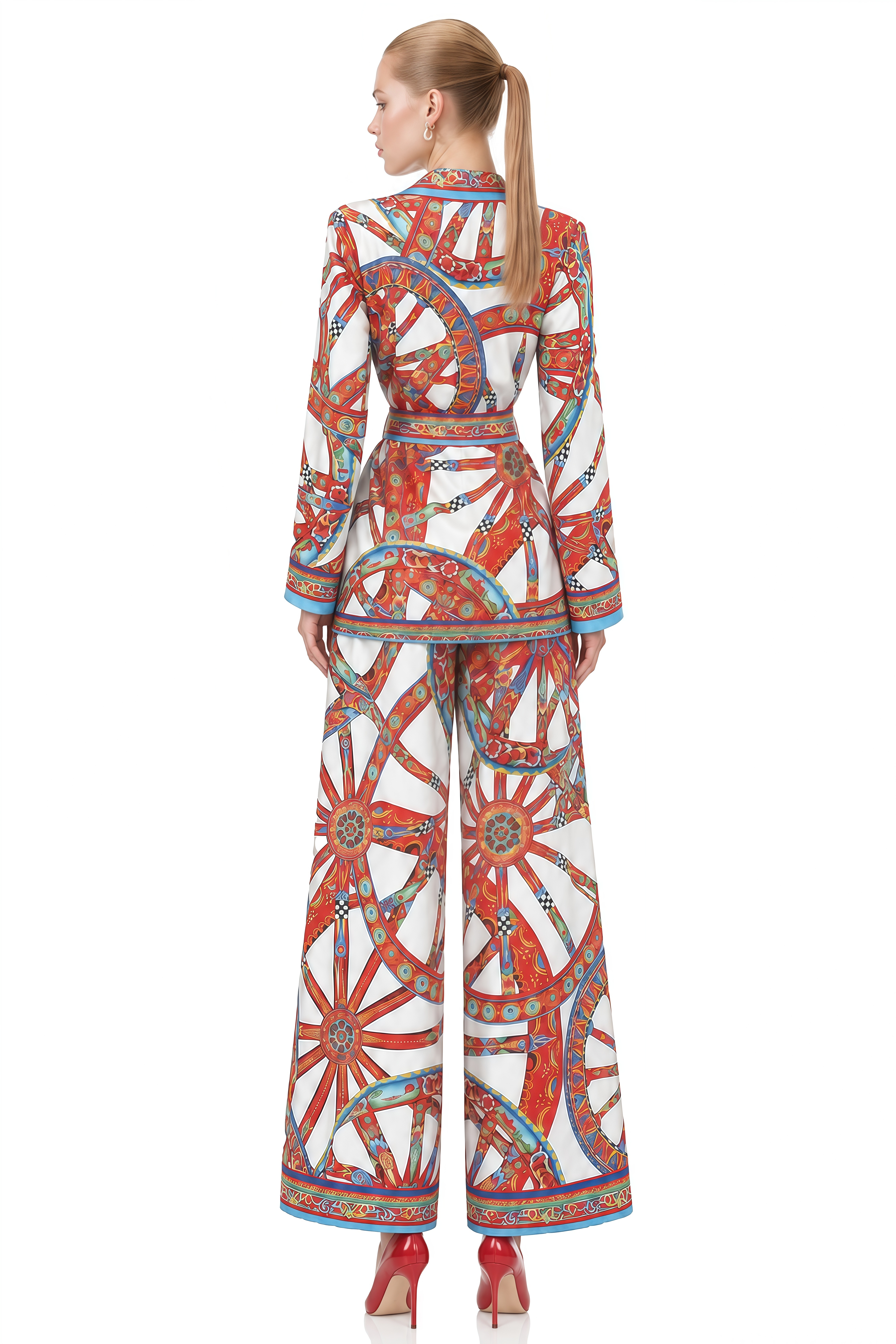 Elodie Multicolor Geometric Print Belted Blouse & Trousers Set