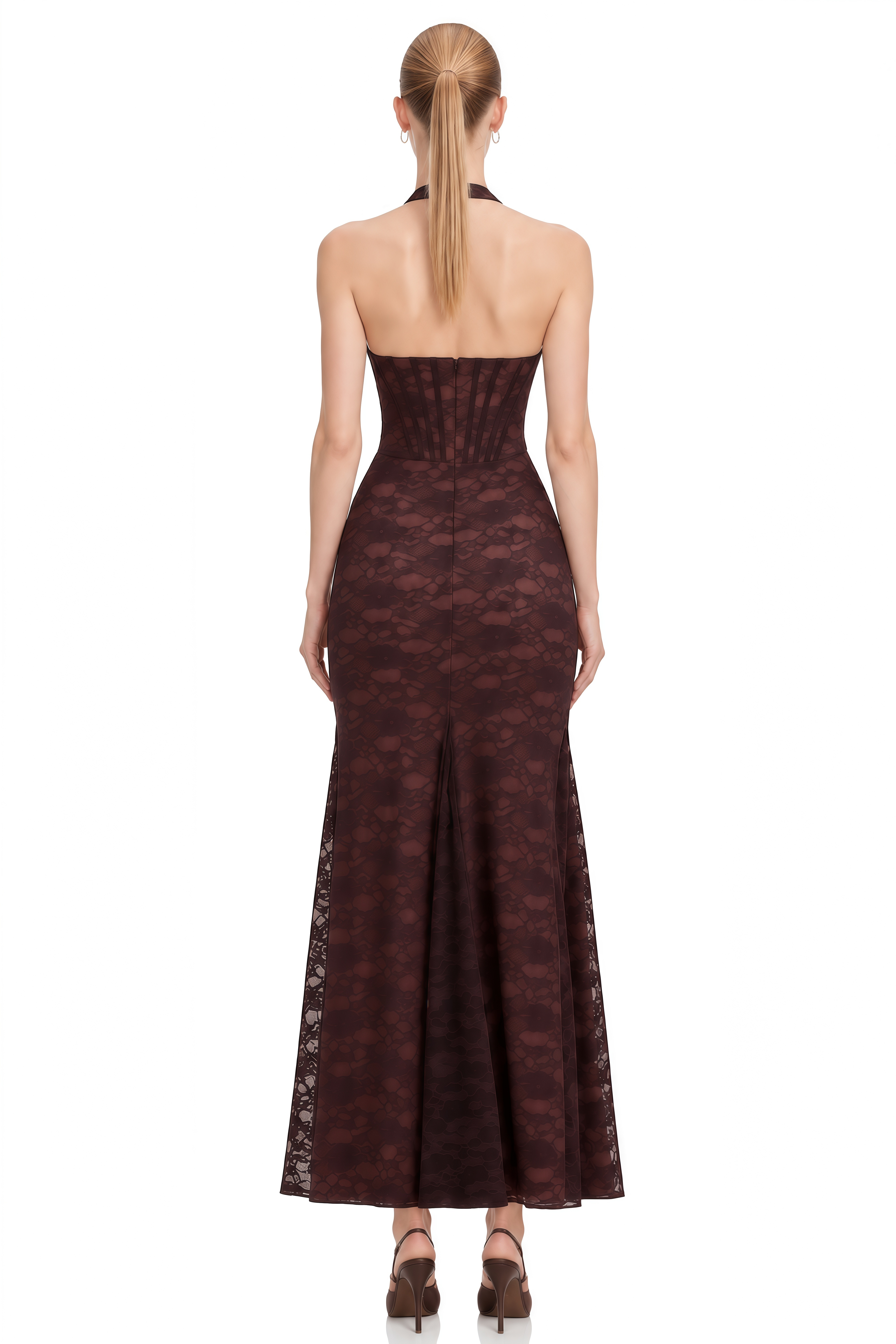 Claire Brown Halterneck Floral Lace Maxi Dress