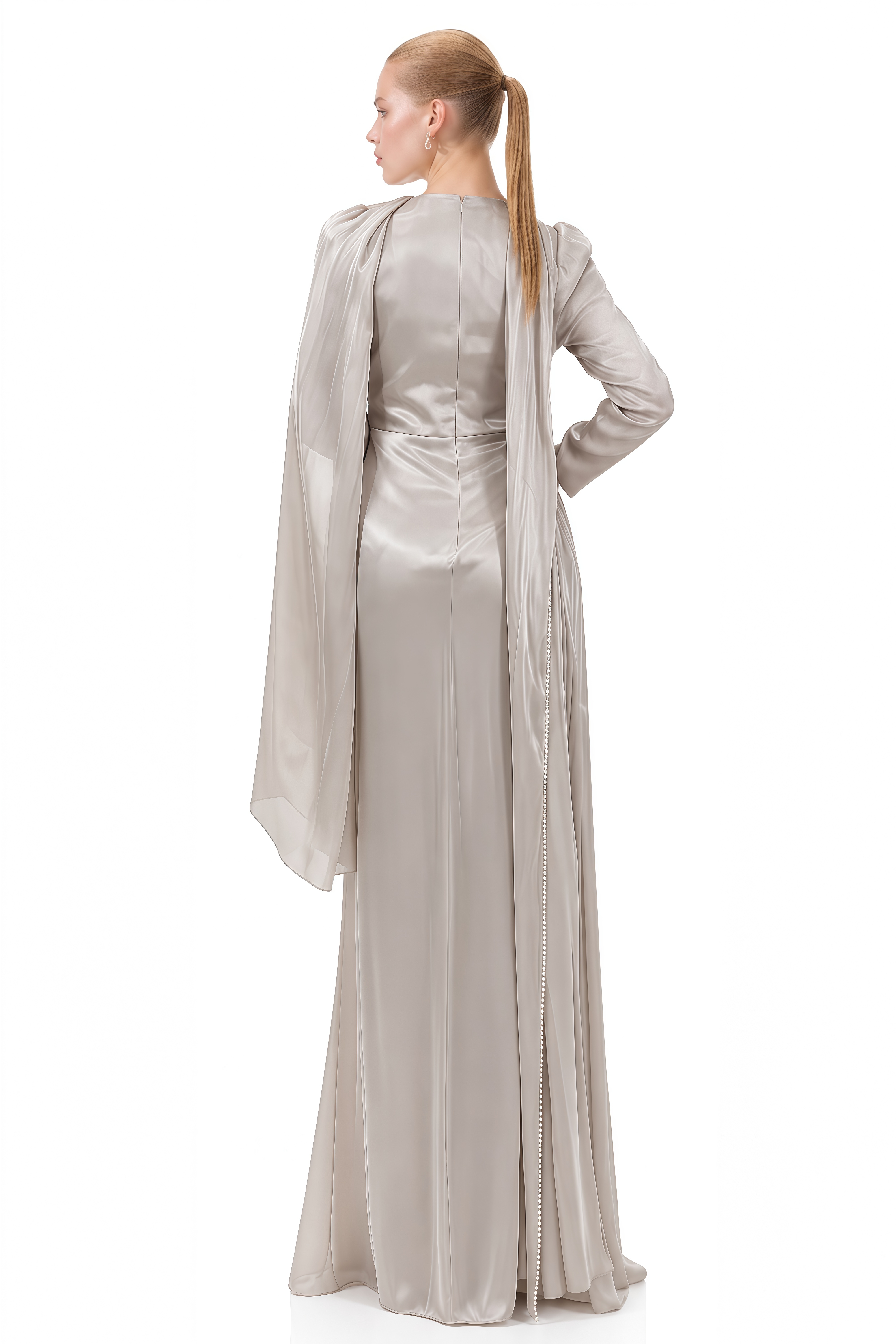 Ruby Light Grey Long Sleeves Cape Maxi Dress