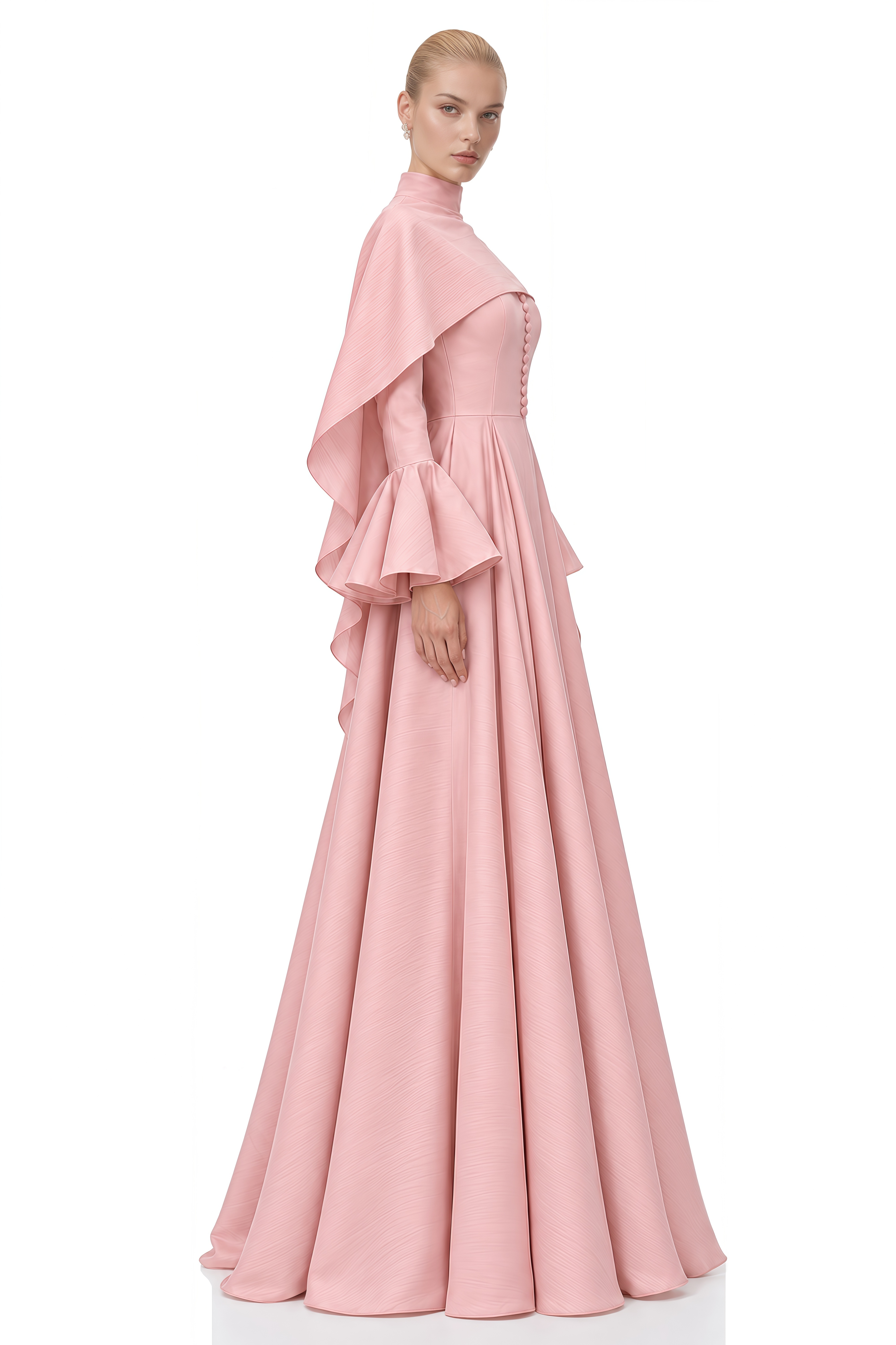 Noelle Pink Cape Design Pleated Maxi Dress