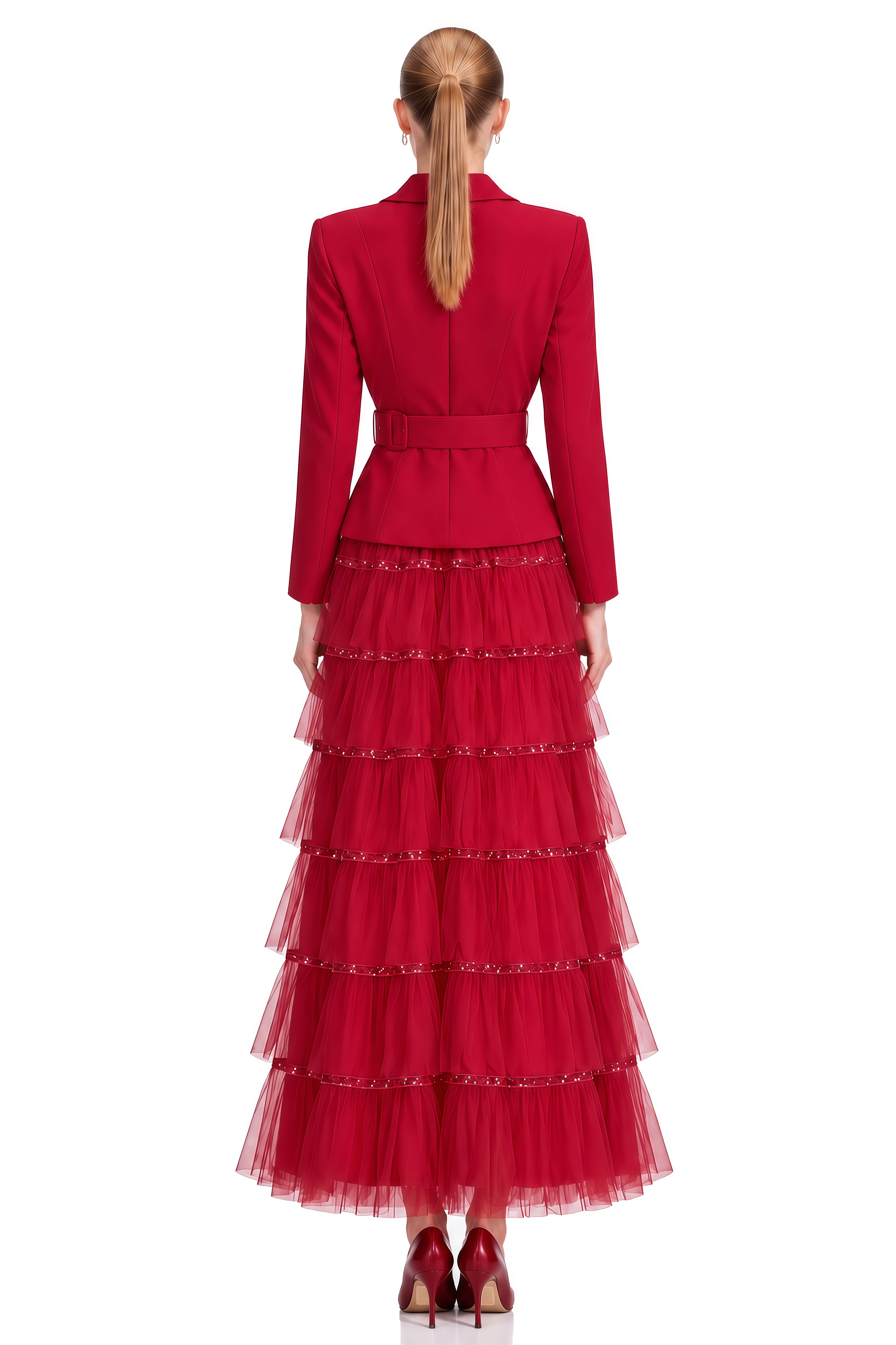 Delphine Red Sequin Belted Maxi Dress