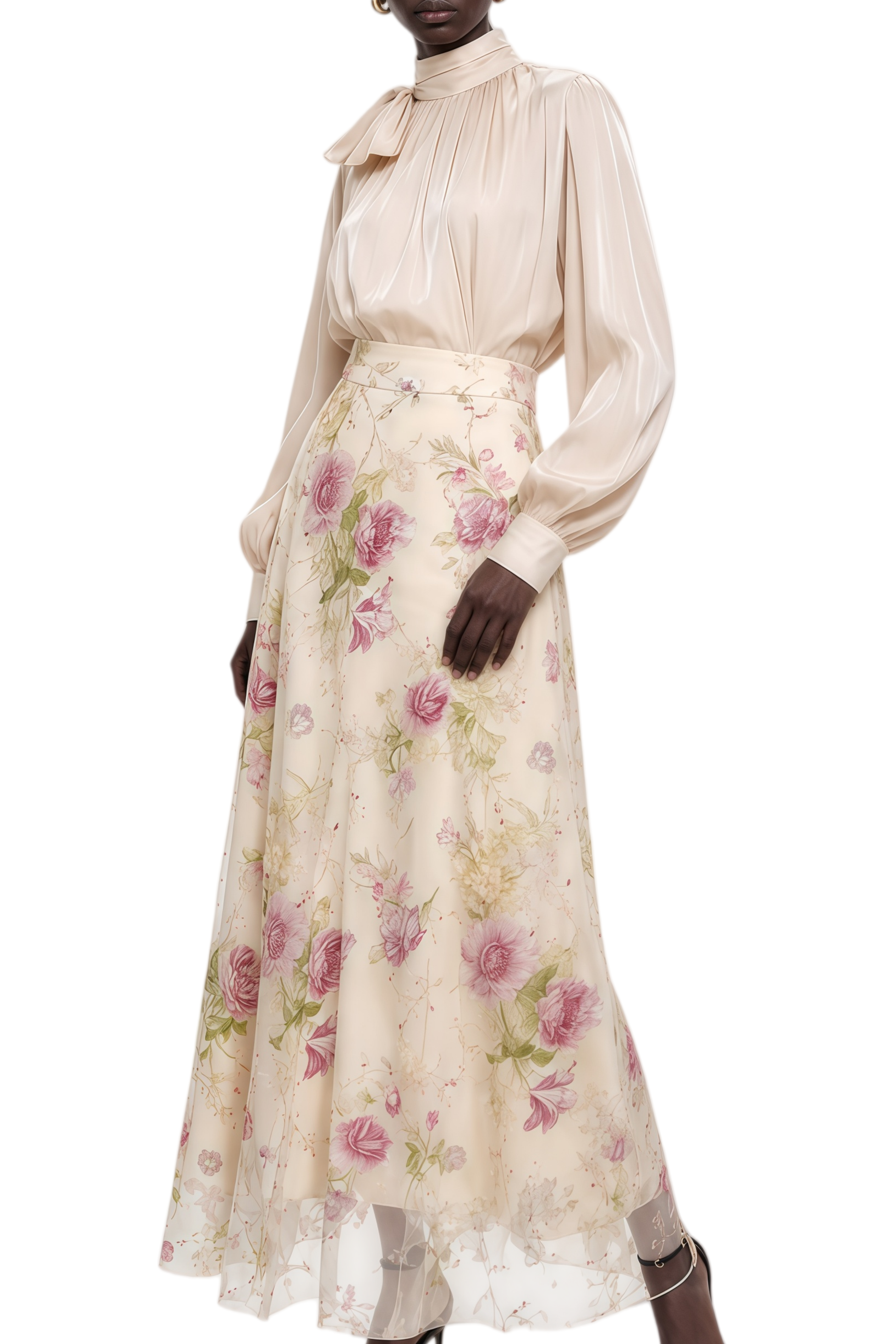 Zephyra Neutral Floral Print Turtleneck Top & Skirt Set