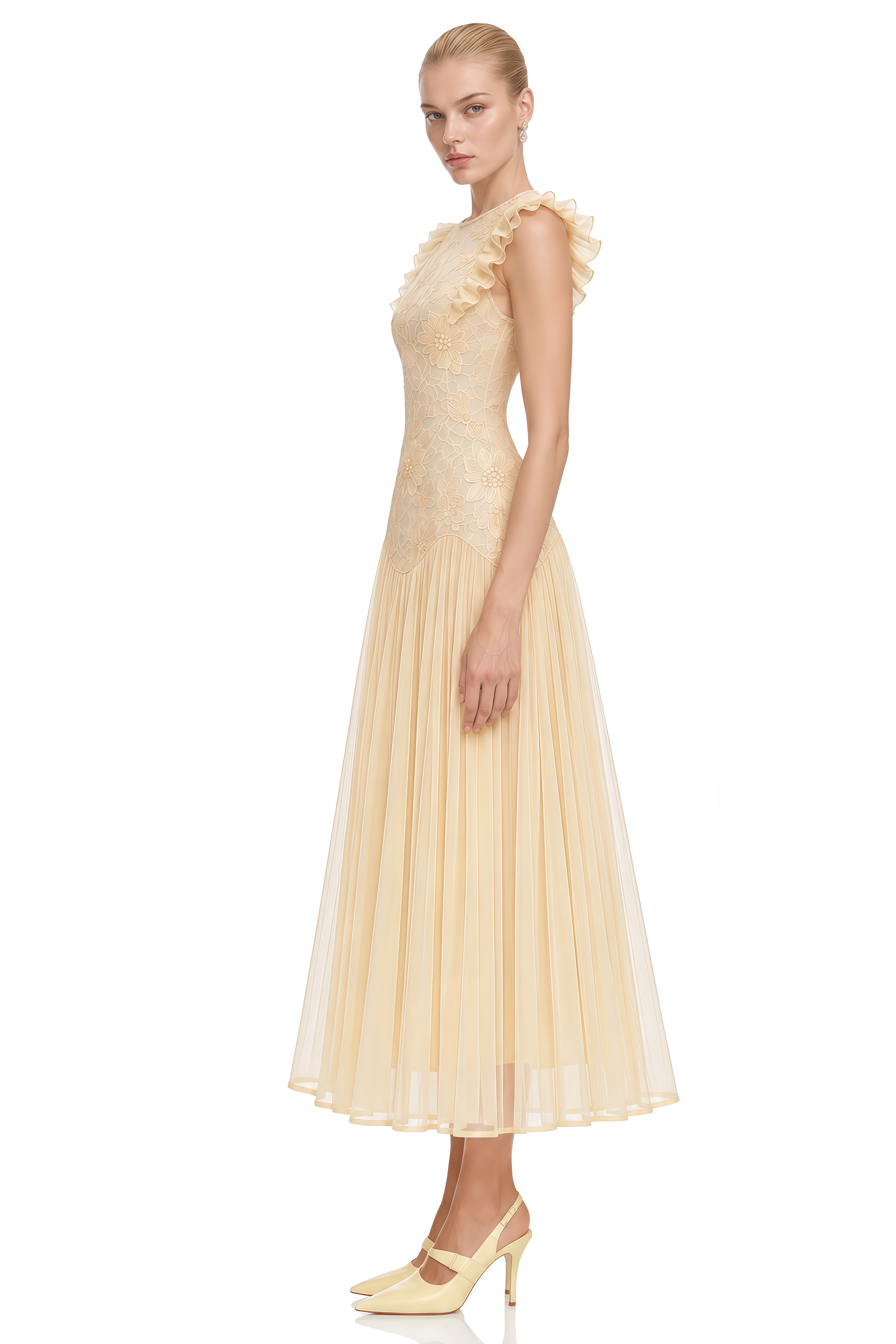 Manon Yellow Round Neck Pleated Midi Dress
