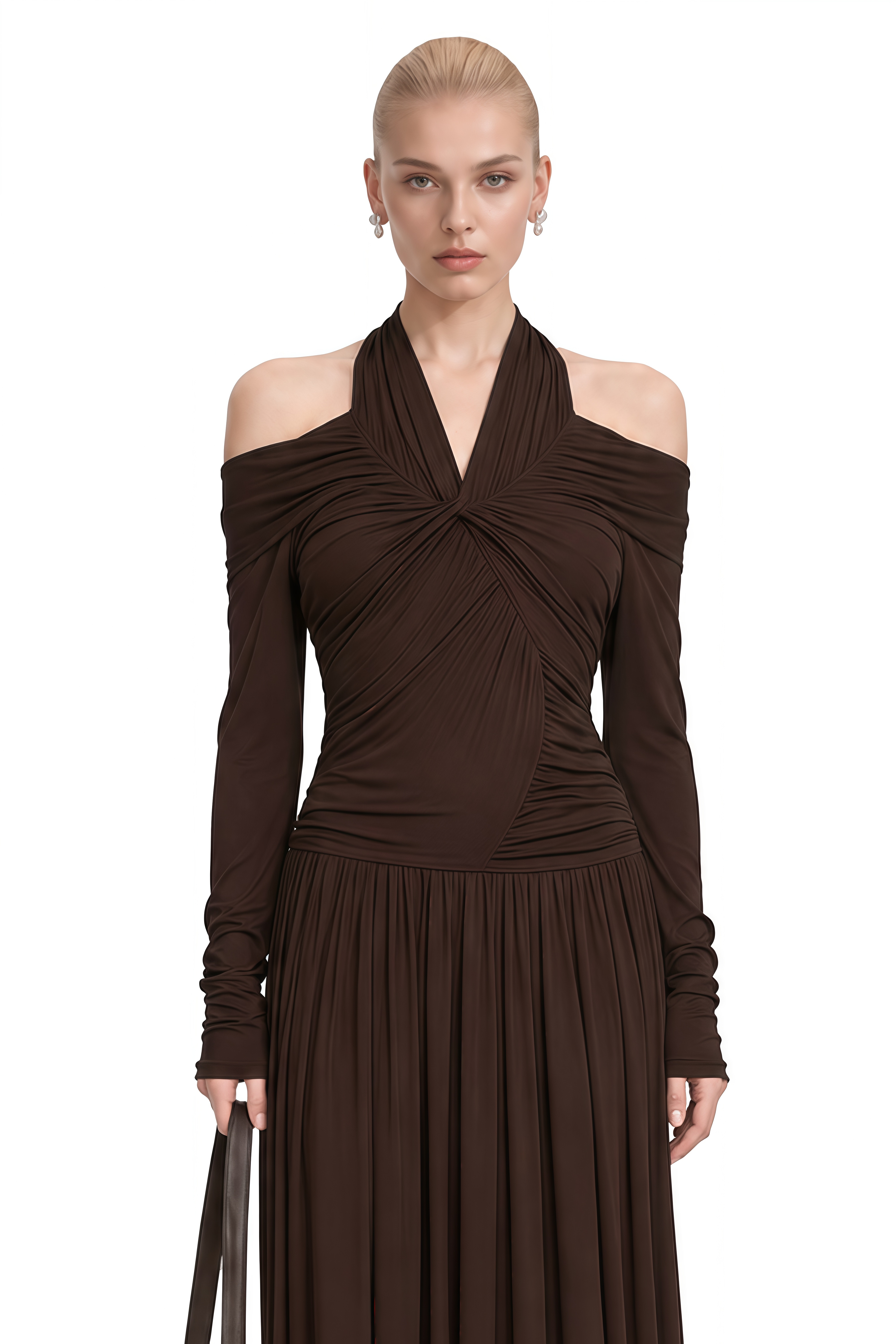 Nerissa Brown Off Shoulder Draped Maxi Dress