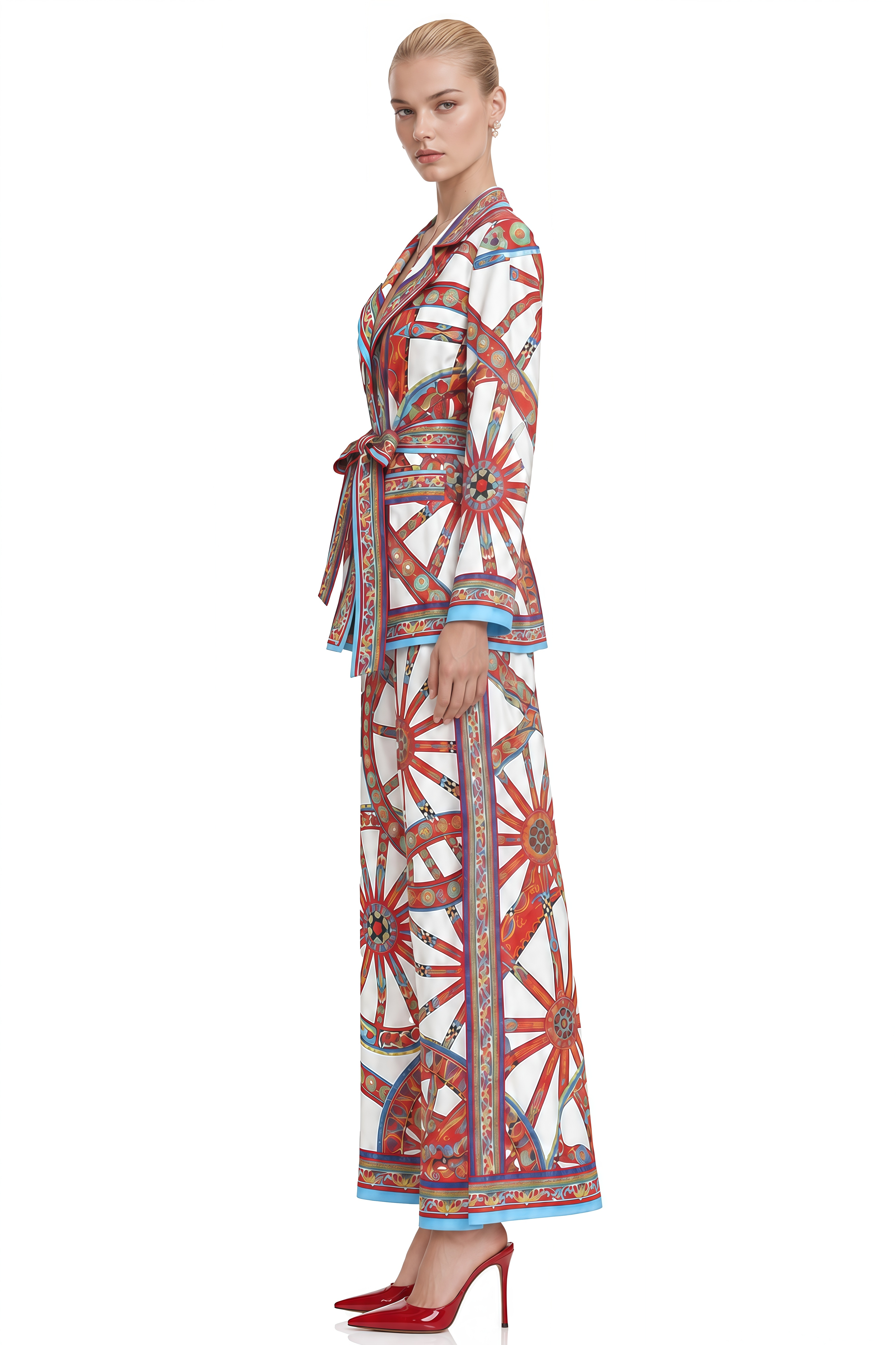 Elodie Multicolor Geometric Print Belted Blouse & Trousers Set