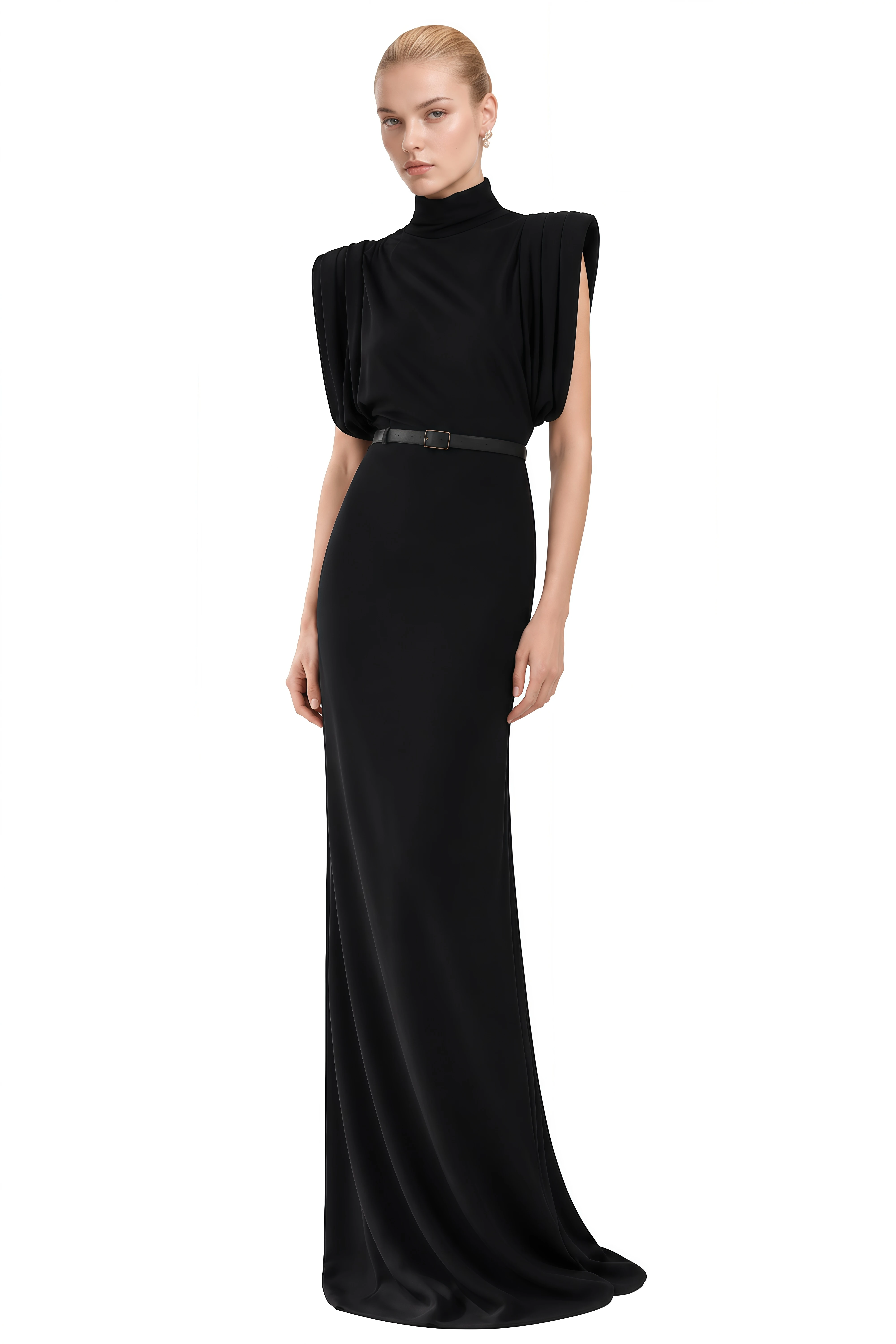 Inès Black Turtleneck Belted Maxi Dress