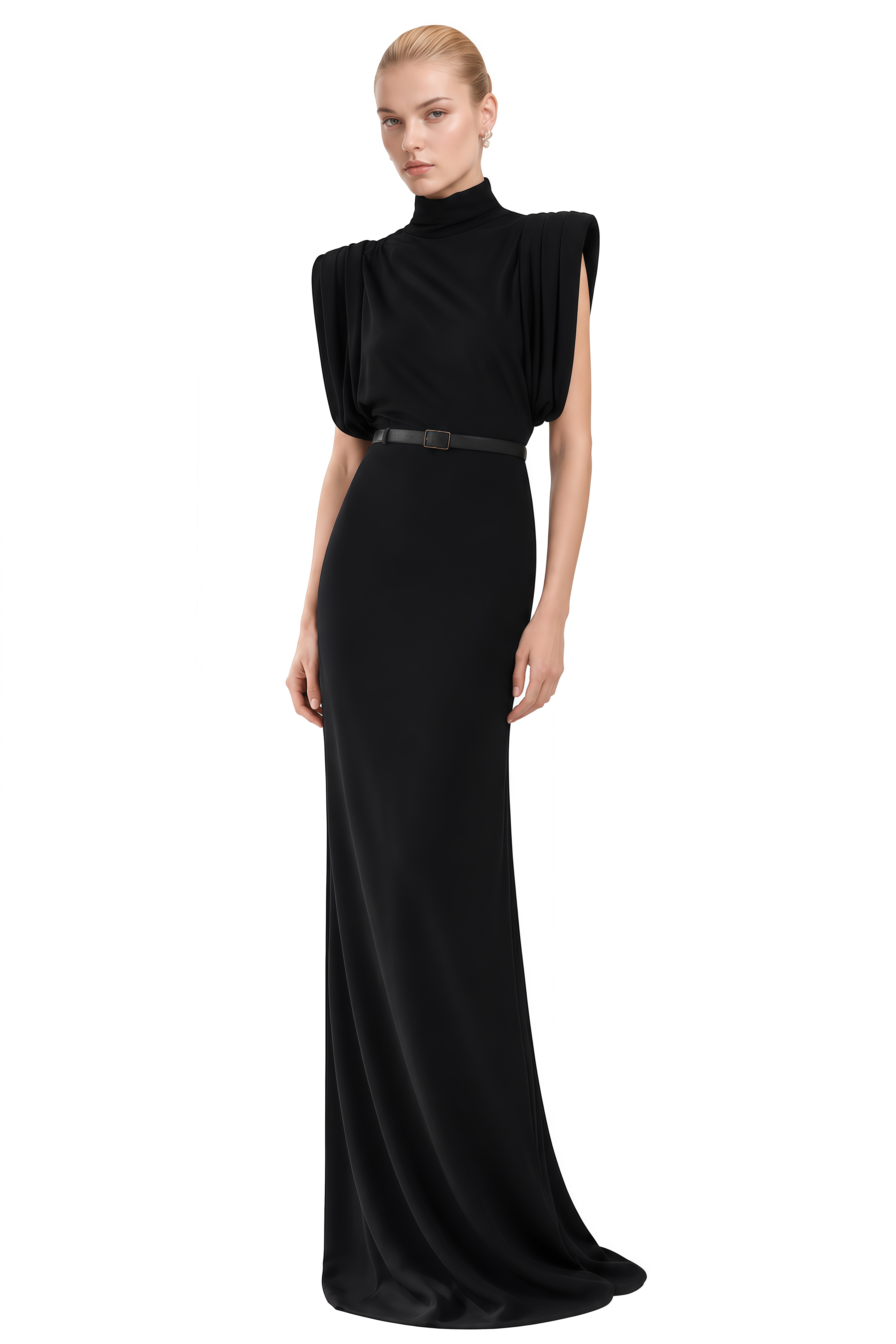 Inès Black Turtleneck Belted Maxi Dress