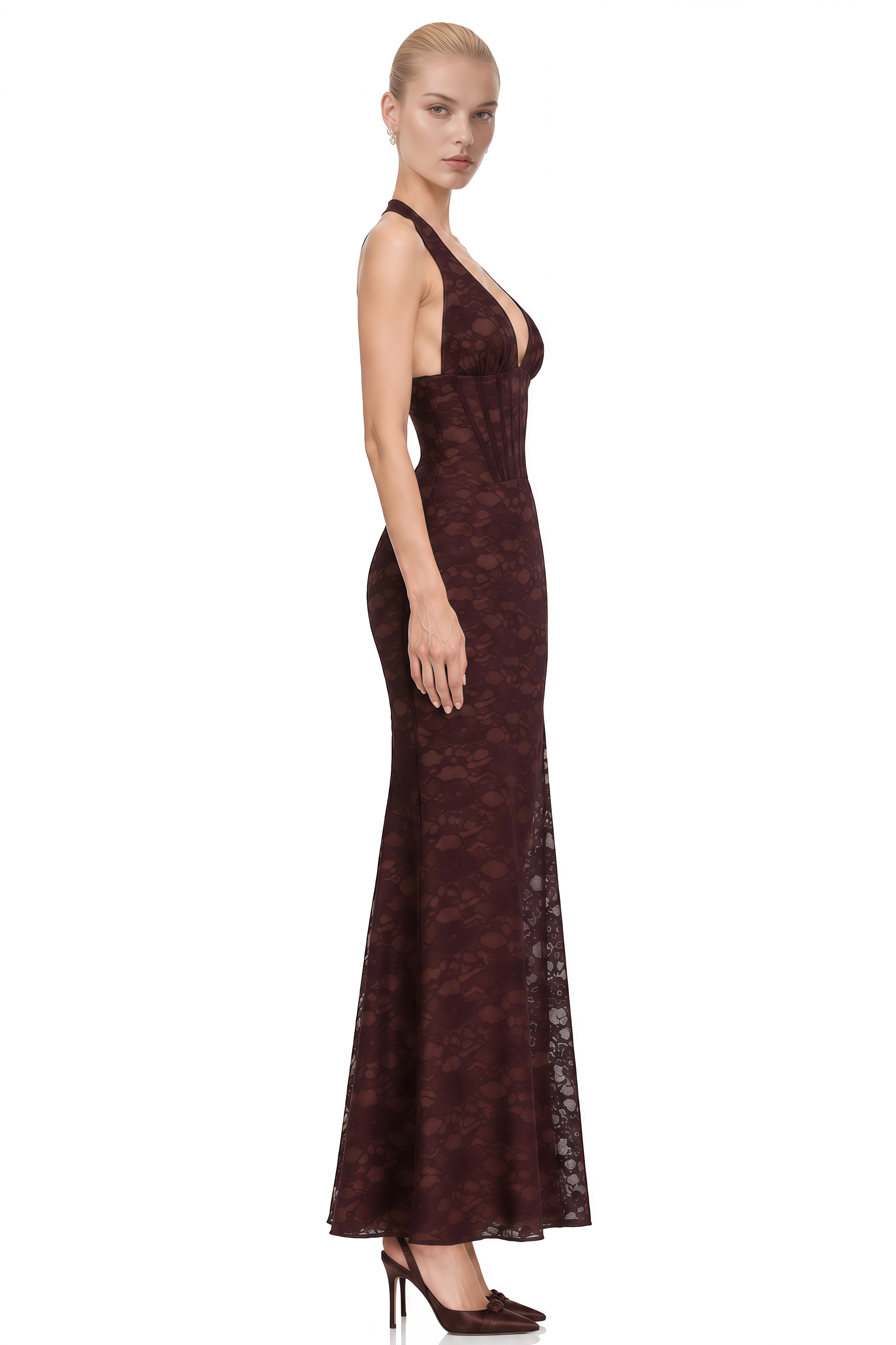 Claire Brown Halterneck Floral Lace Maxi Dress