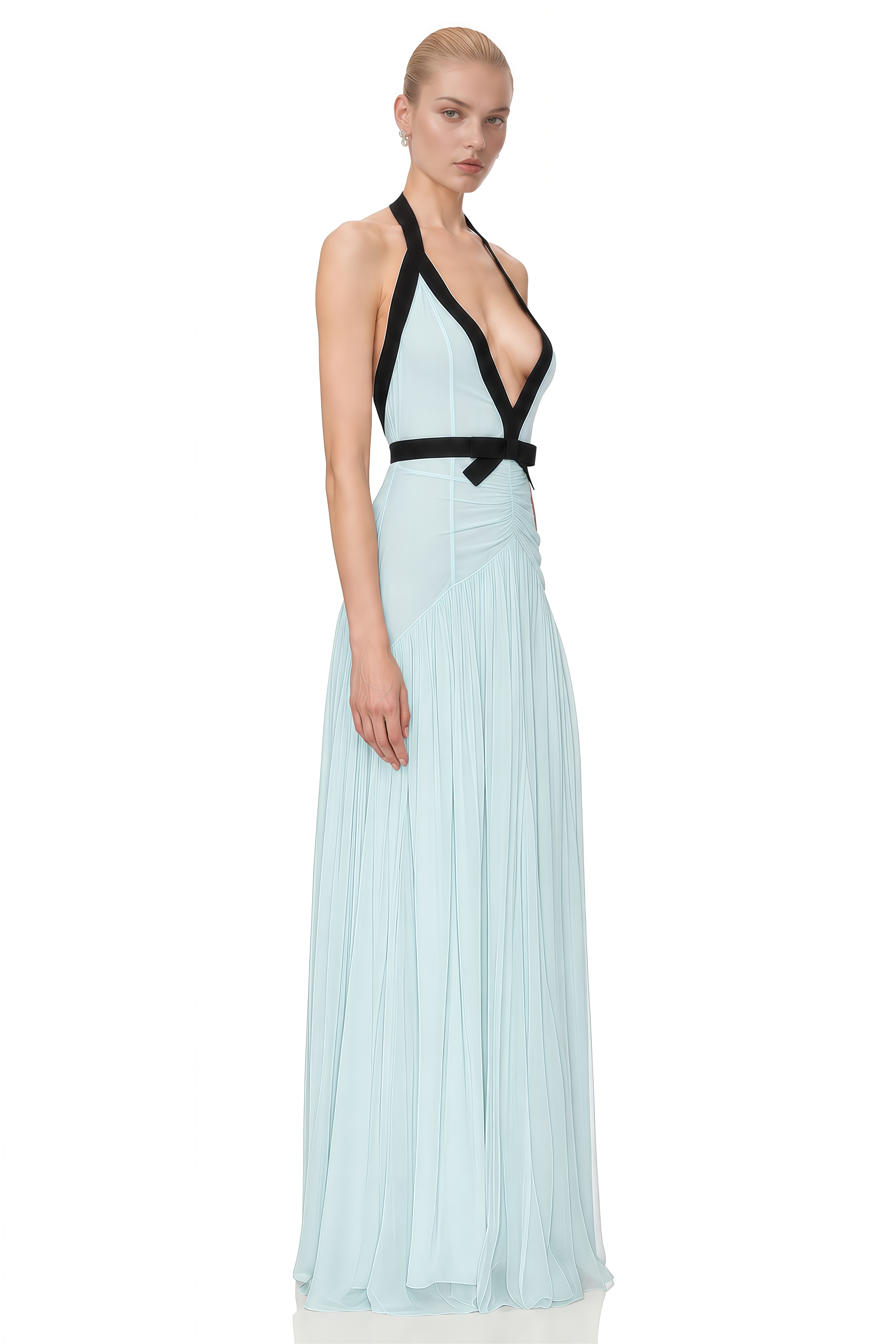 Jane Light Blue Halterneck Pleated Maxi Dress