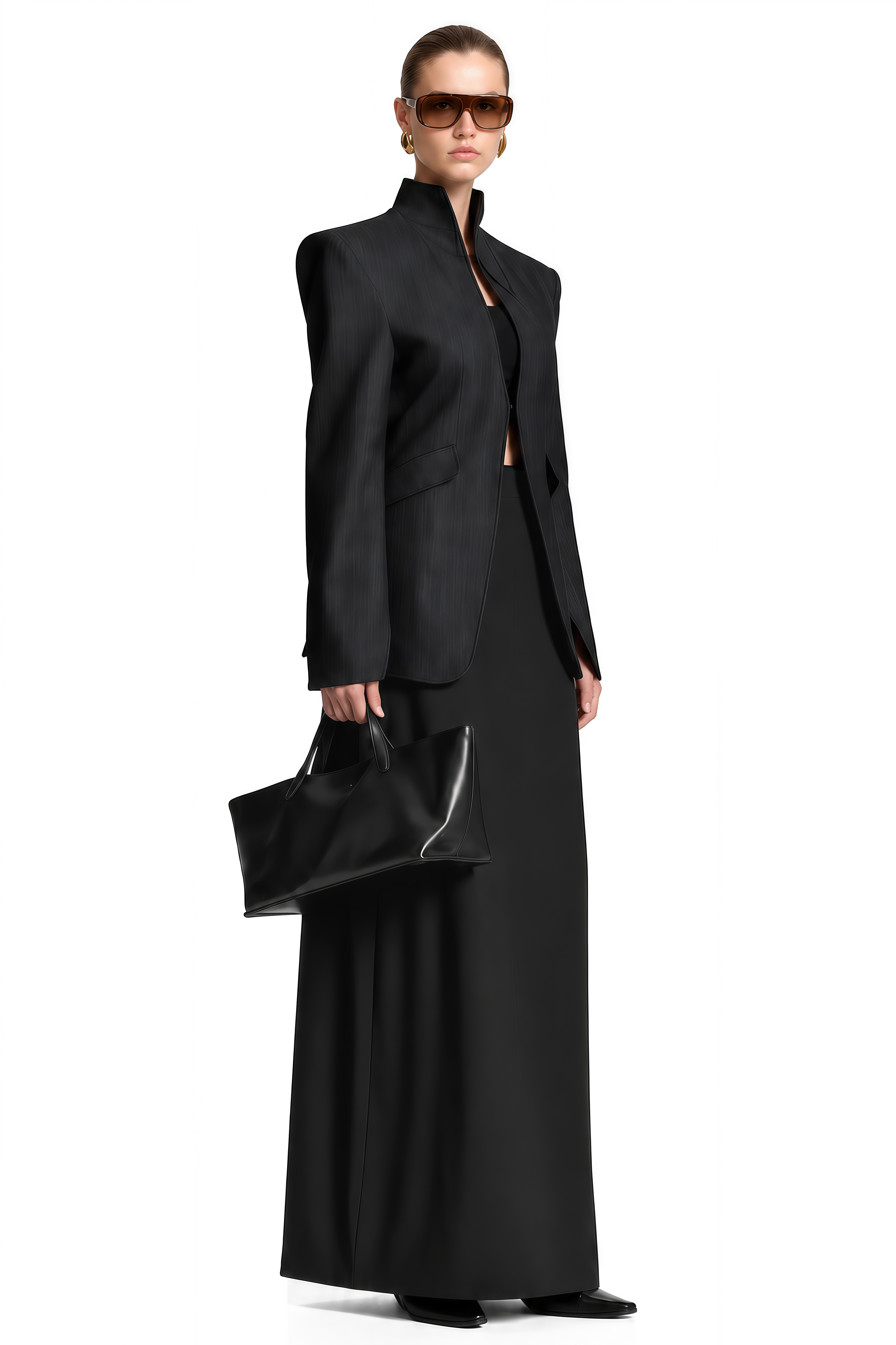 Pearl Dark Charcoal Blue Long Sleeves Curved Blazer