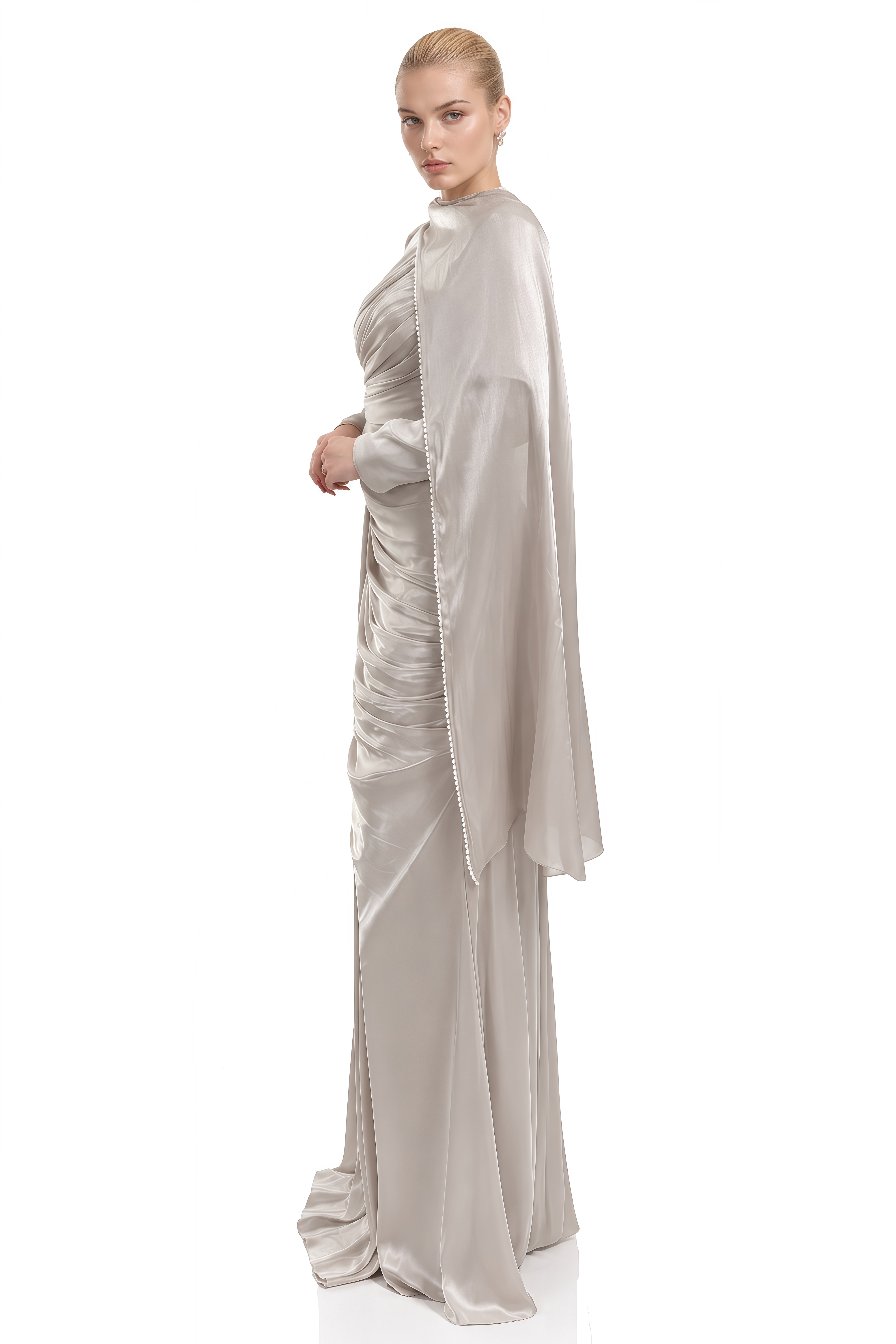 Ruby Light Grey Long Sleeves Cape Maxi Dress