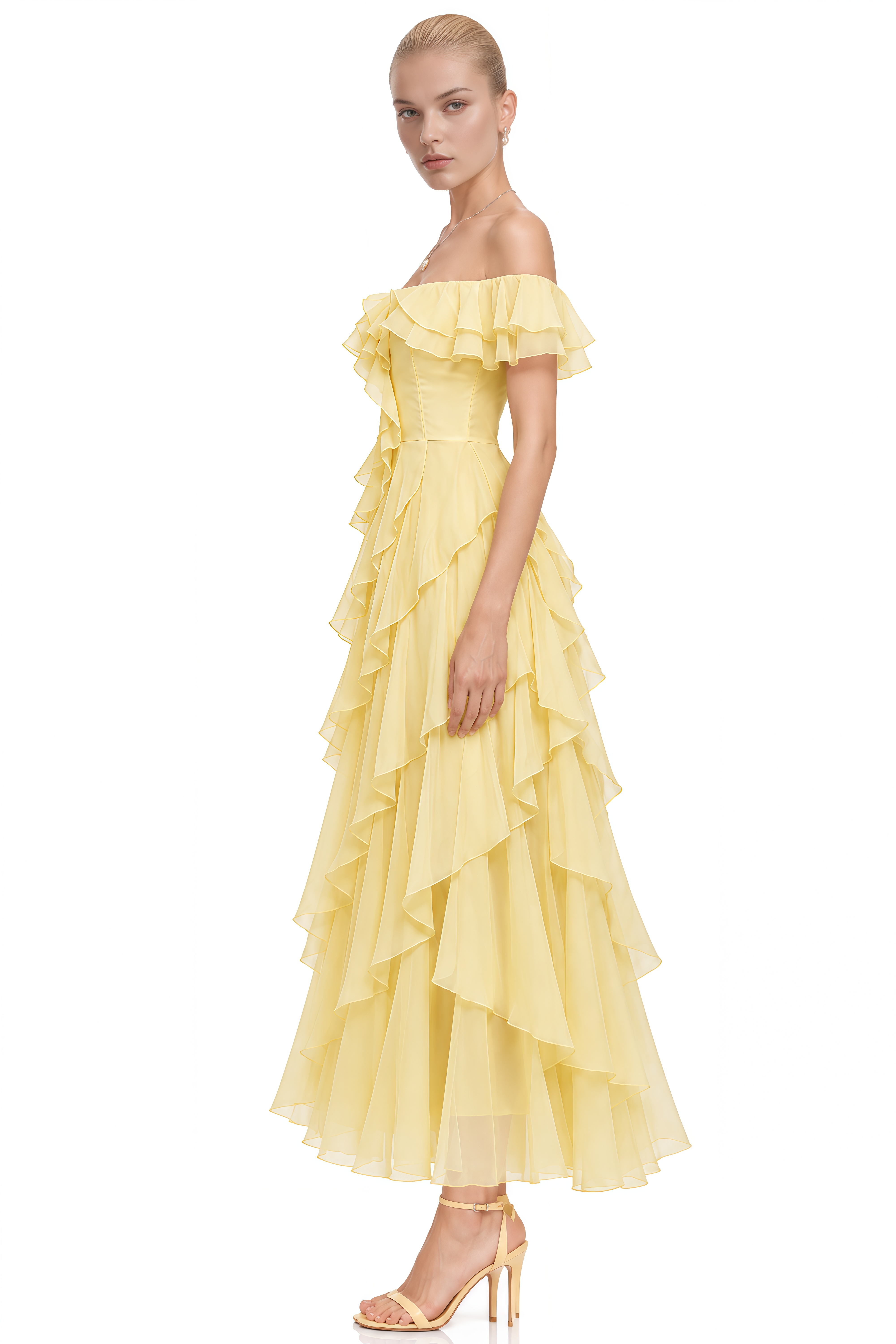 Maren Yellow Off-Shoulder Layered Maxi Dress