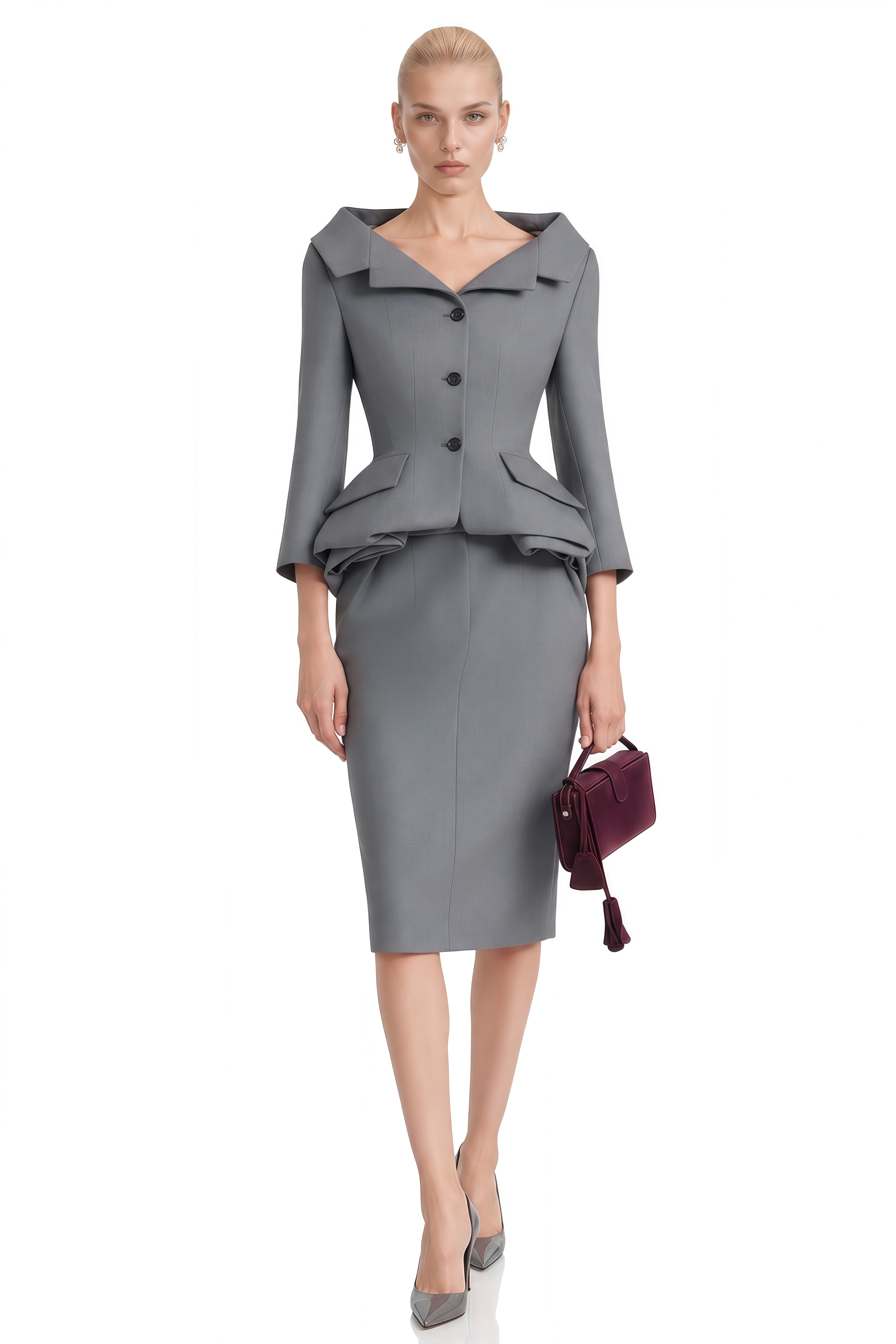 Coco Grey Notched Lapel Ruffled Blazer & Skirt Set