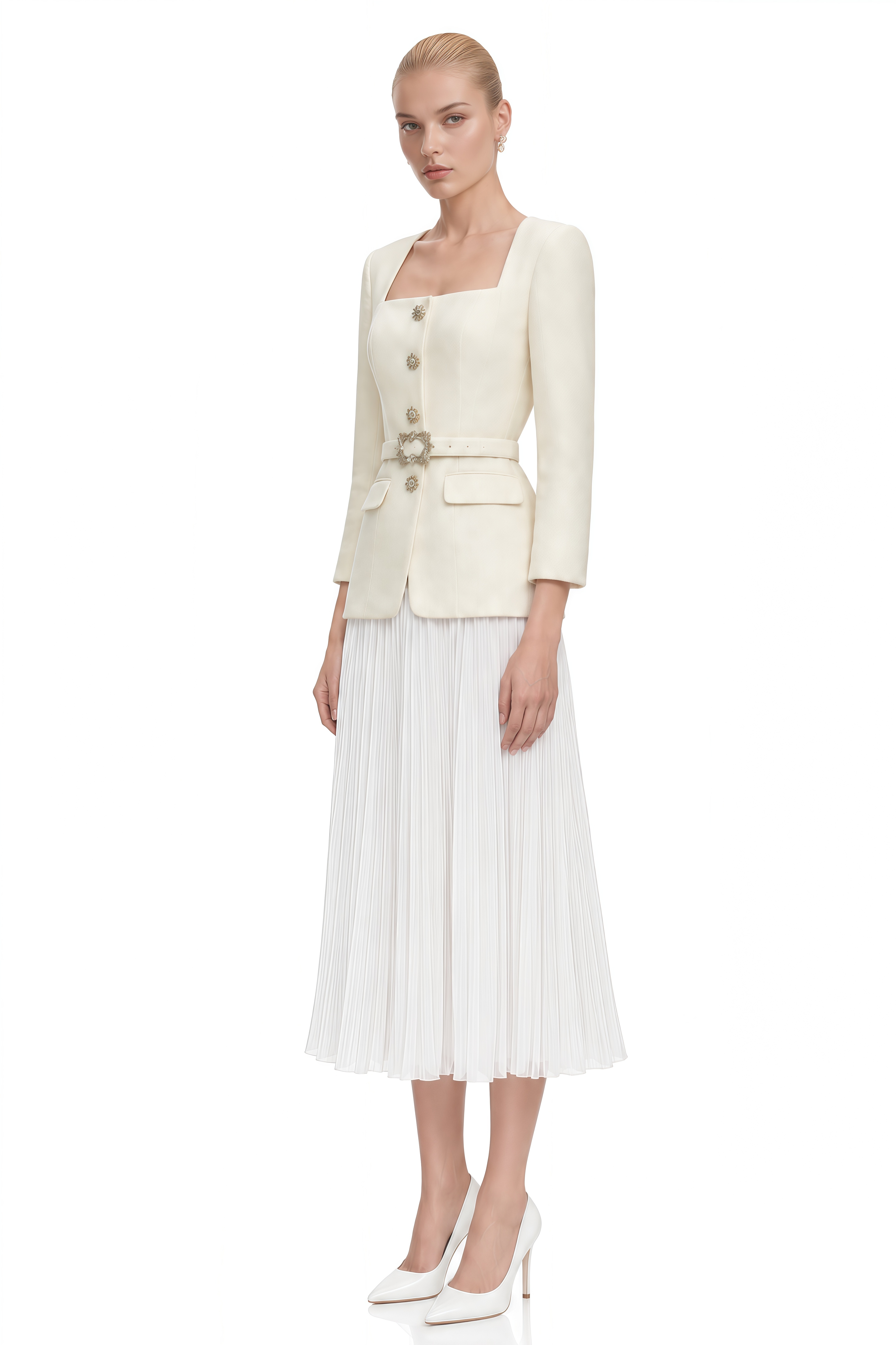Lavinia Ivory Embellished Pleated Jacket & Skirt Set