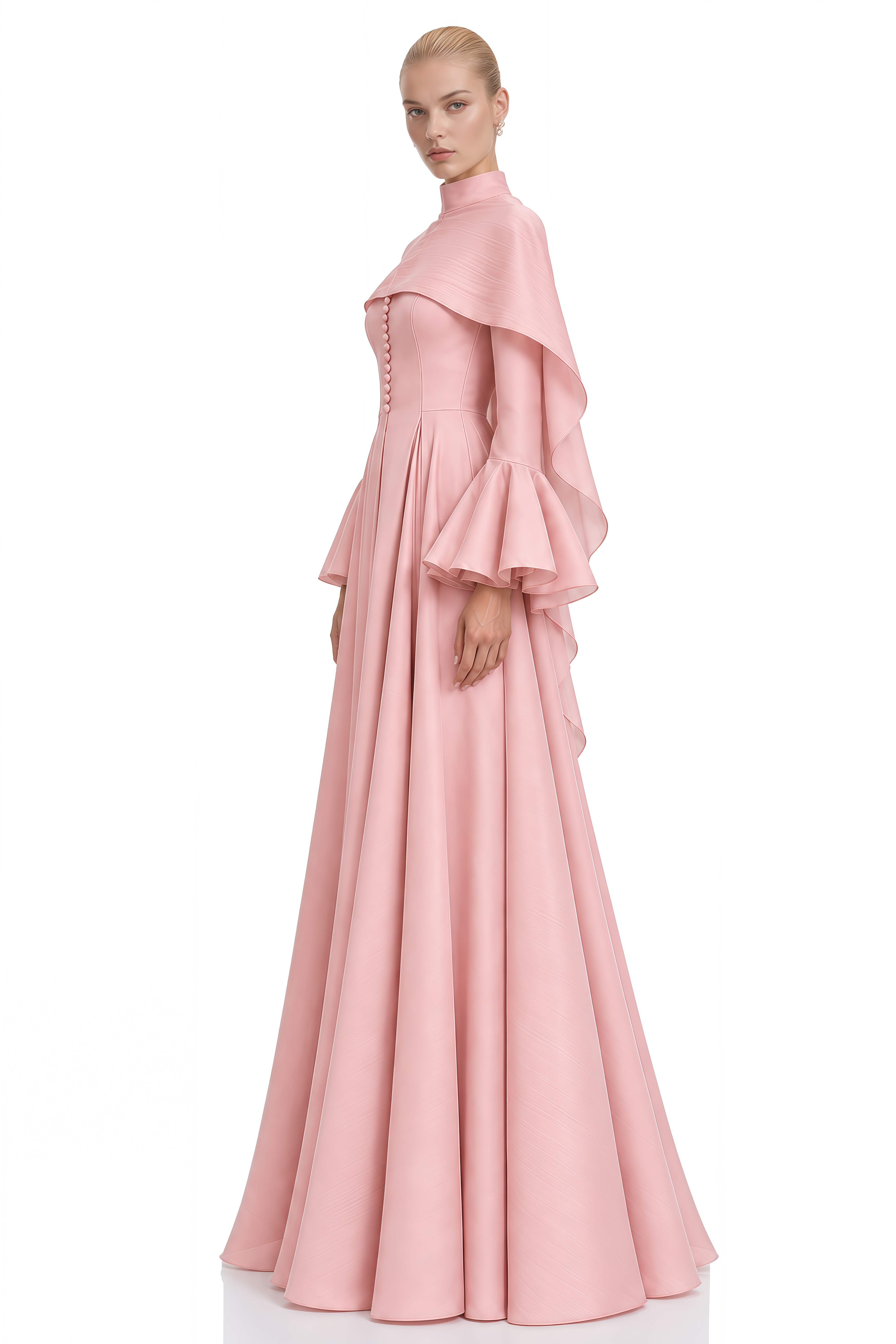 Noelle Pink Cape Design Pleated Maxi Dress