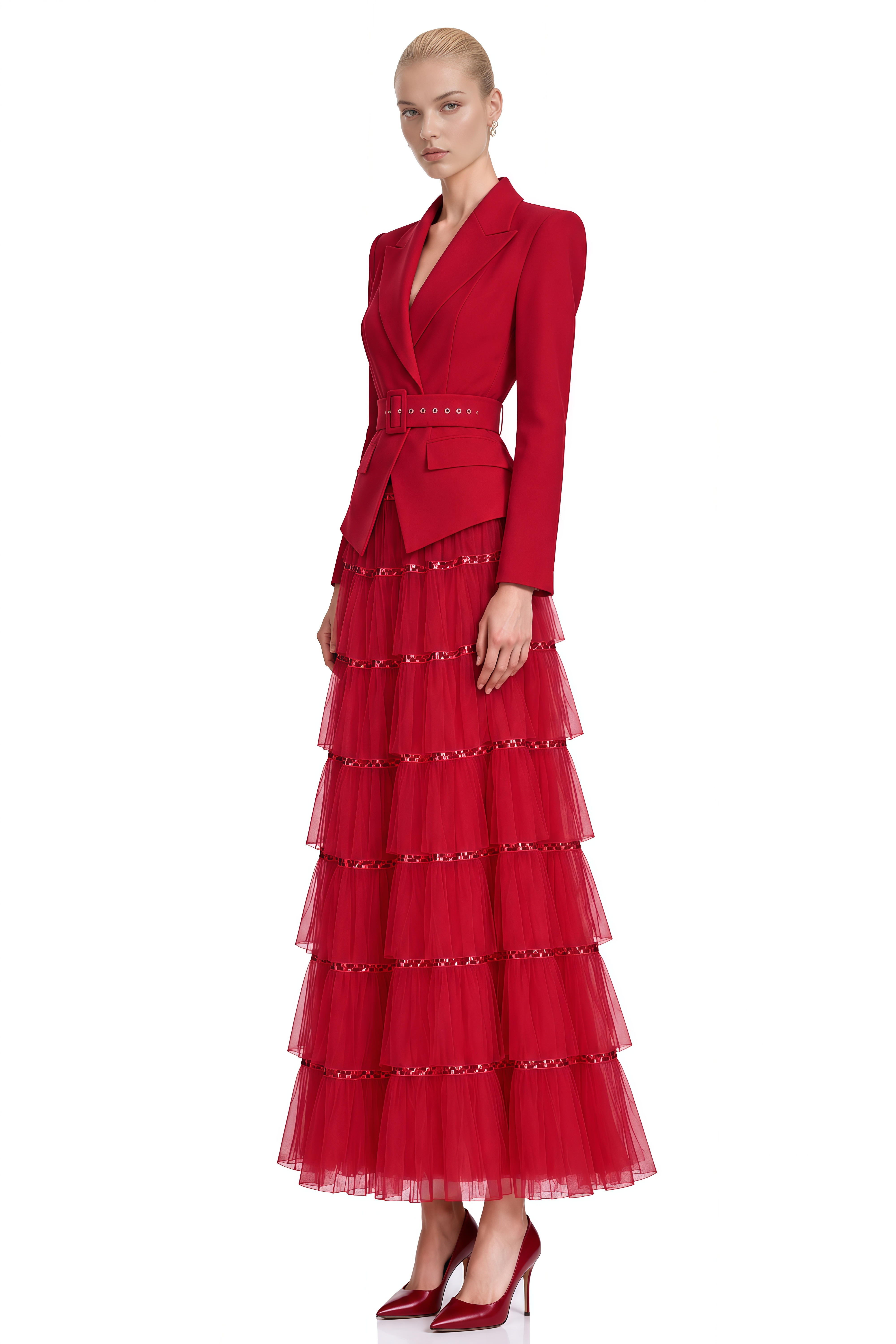Delphine Red Sequin Belted Maxi Dress