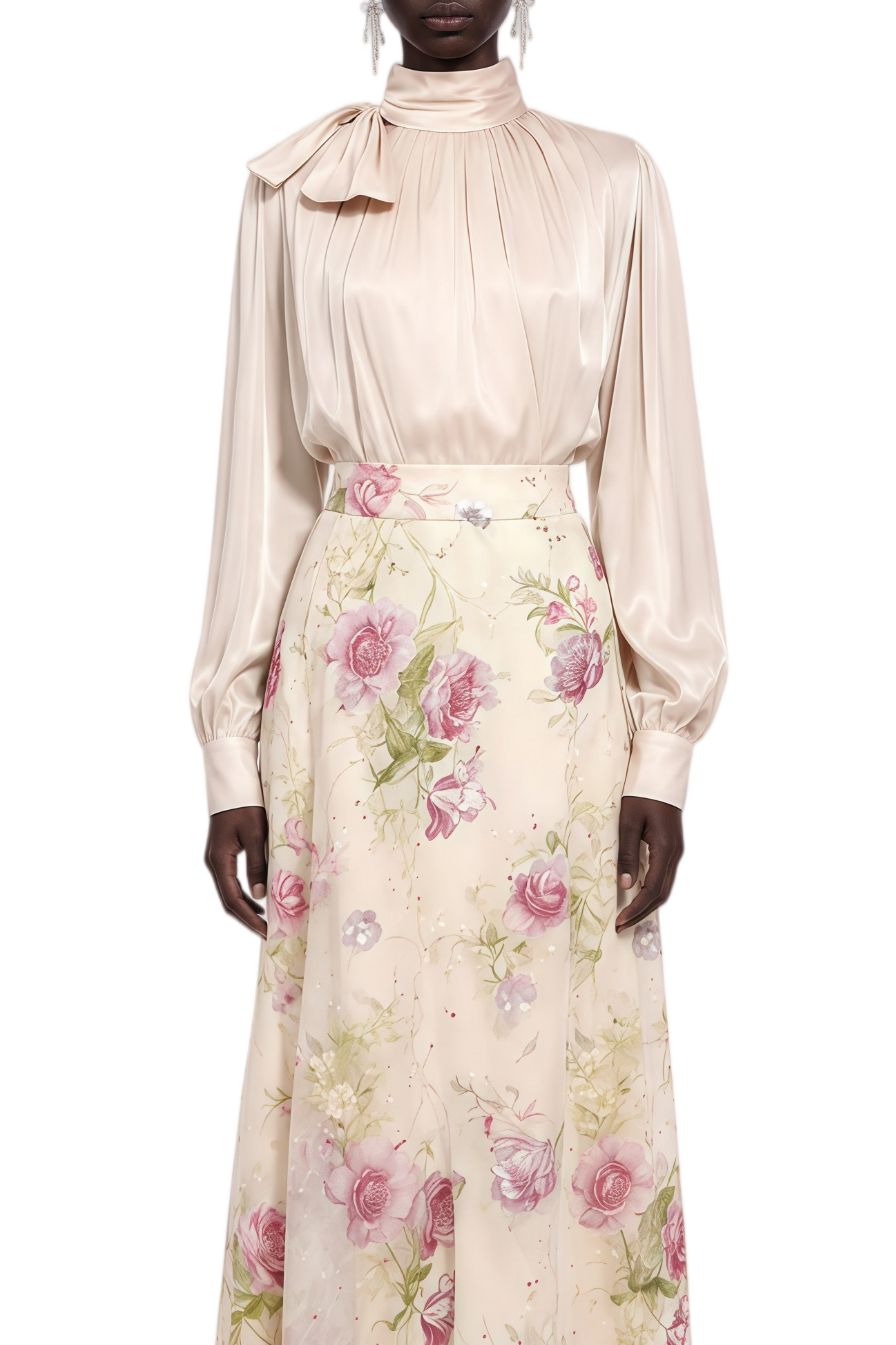 Zephyra Neutral Floral Print Turtleneck Top & Skirt Set