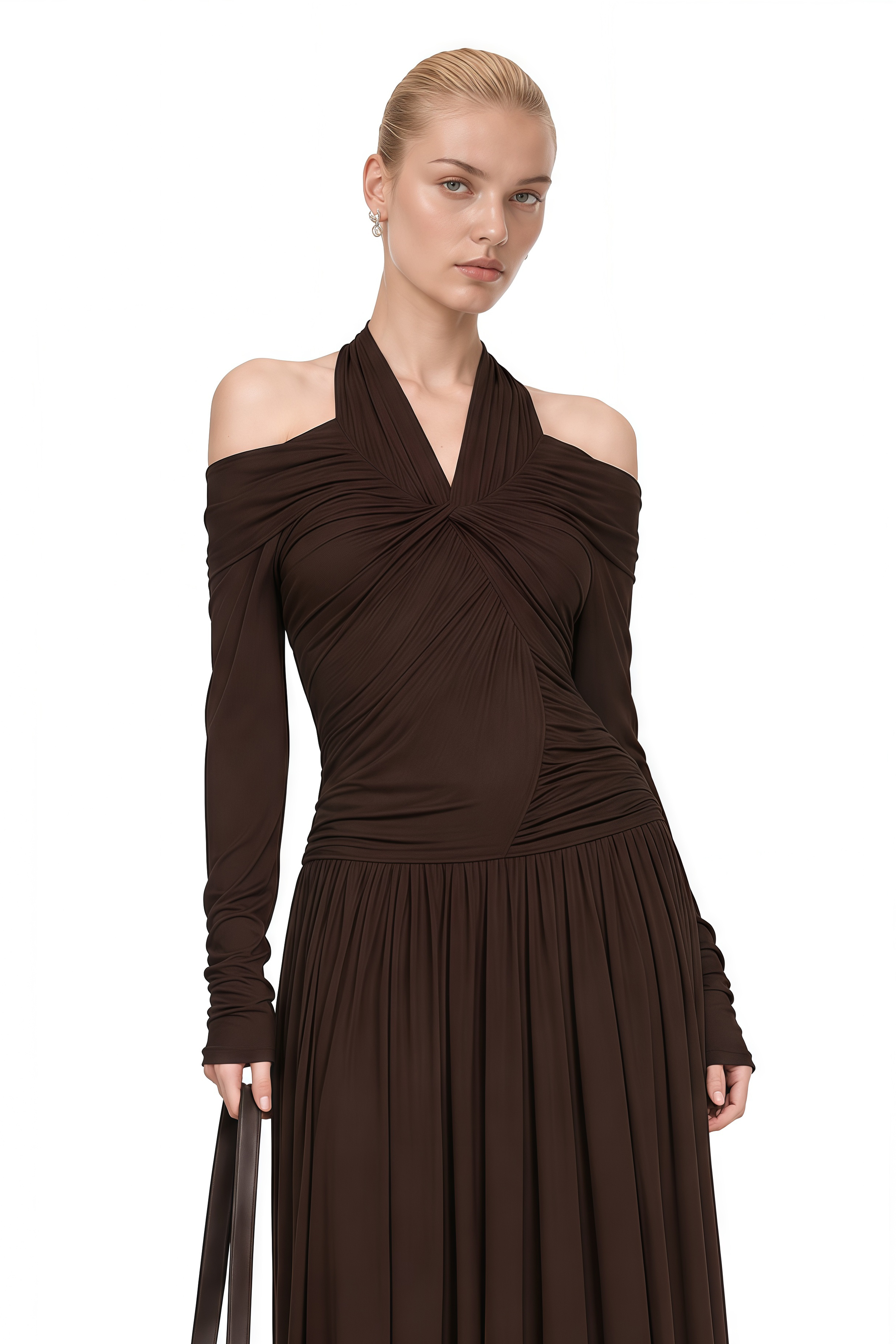 Nerissa Brown Off Shoulder Draped Maxi Dress