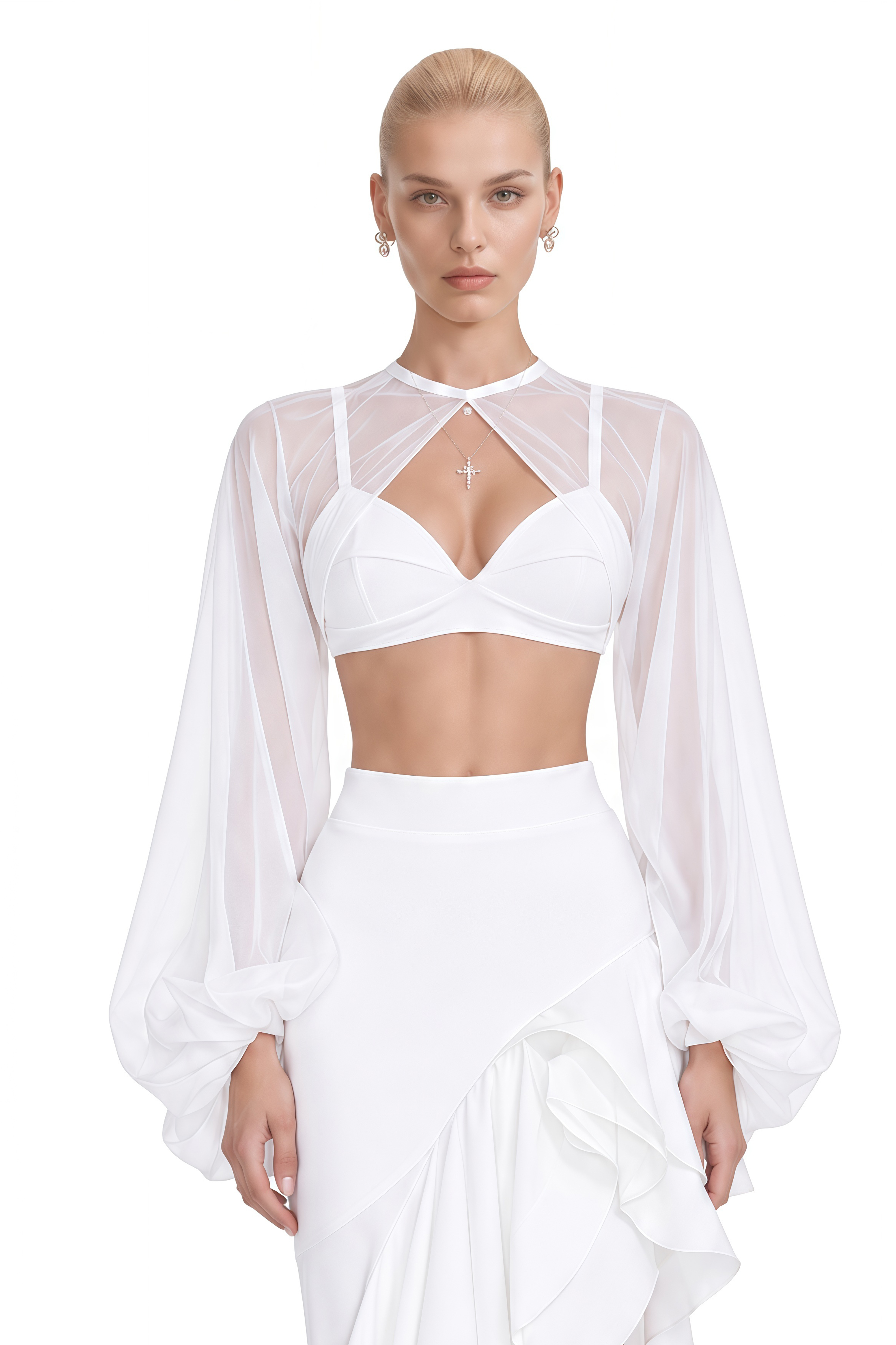 Juliet White Cape Sleeve Asymmetrical Top & Skirt Set