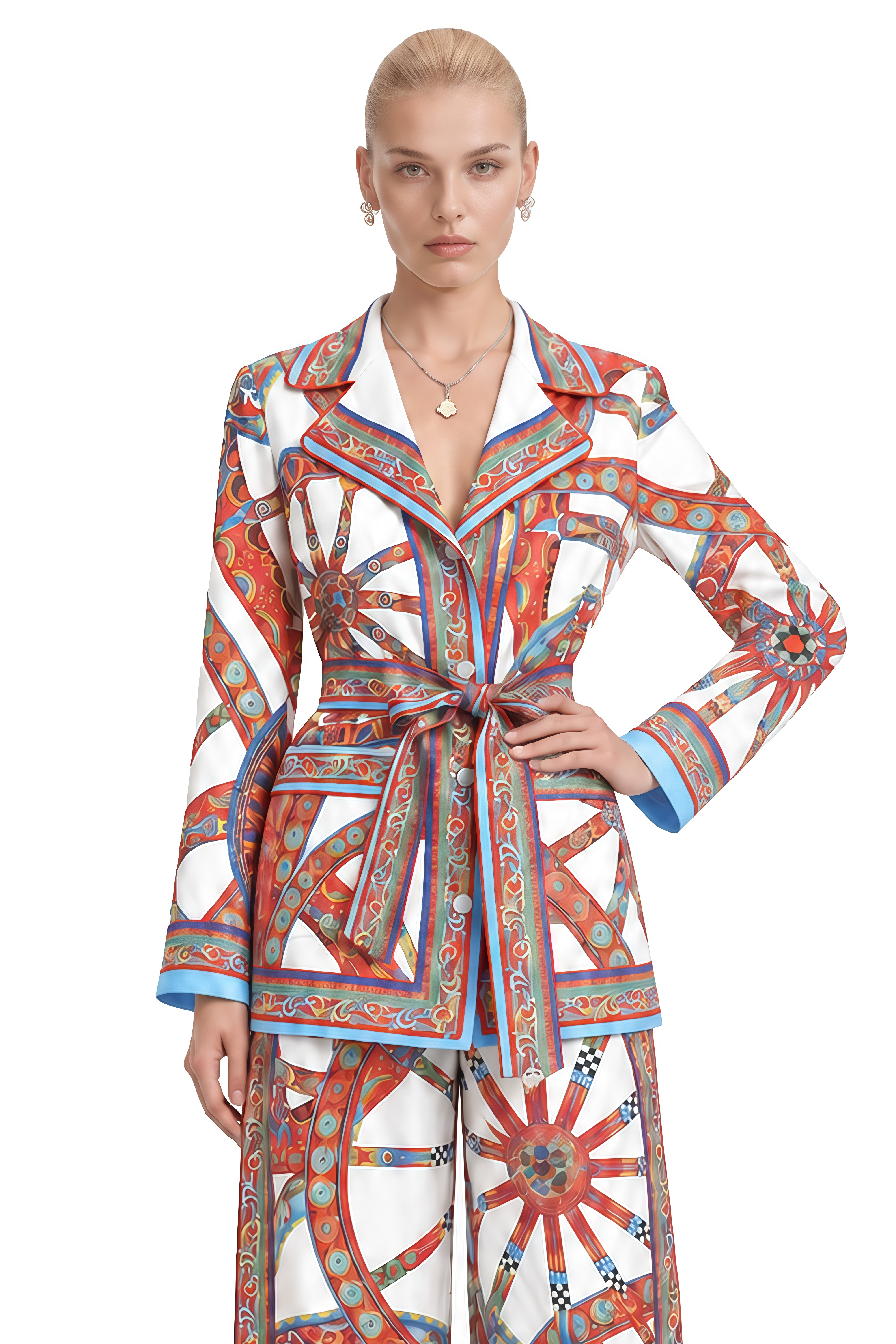 Elodie Multicolor Geometric Print Belted Blouse & Trousers Set