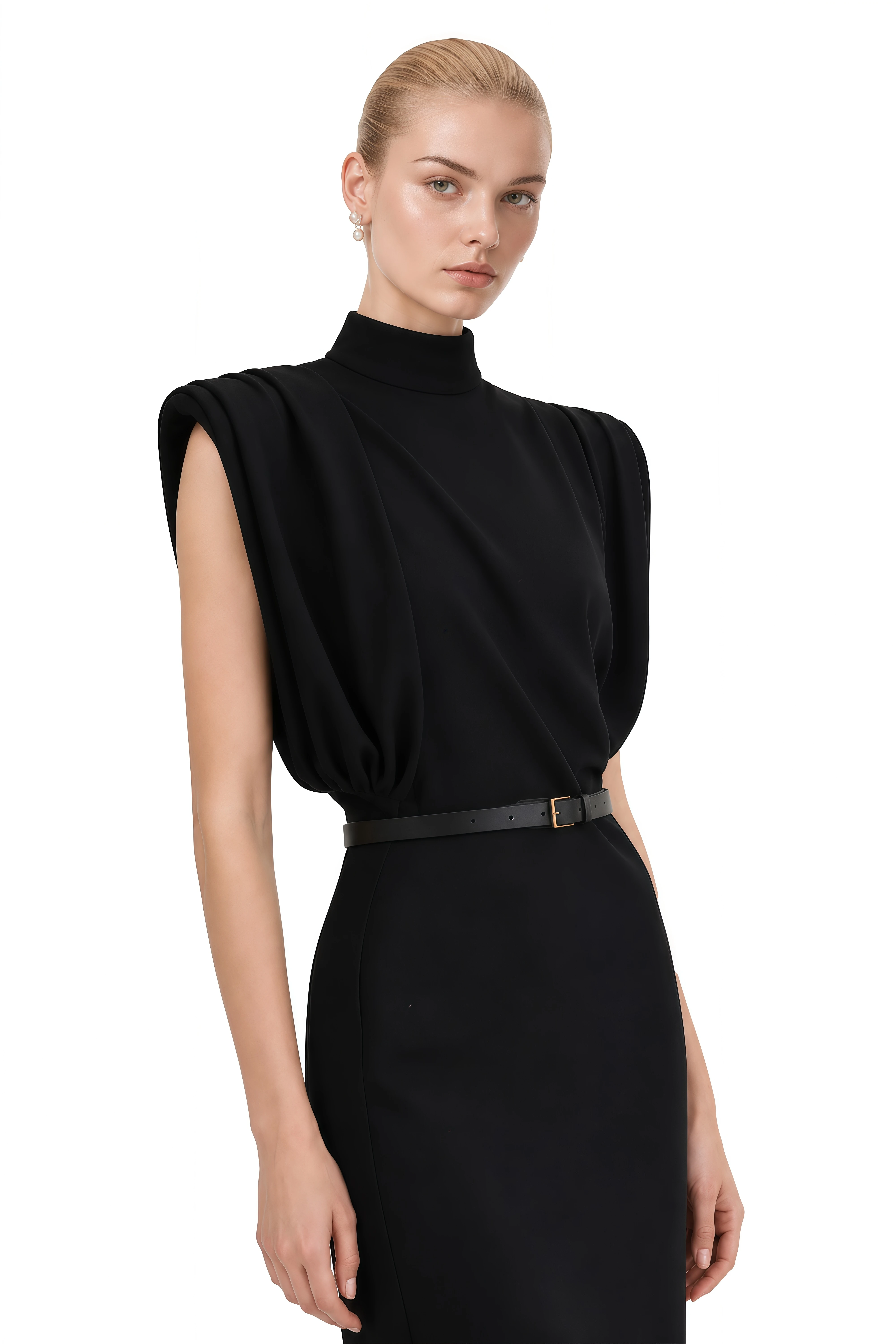 Inès Black Turtleneck Belted Maxi Dress