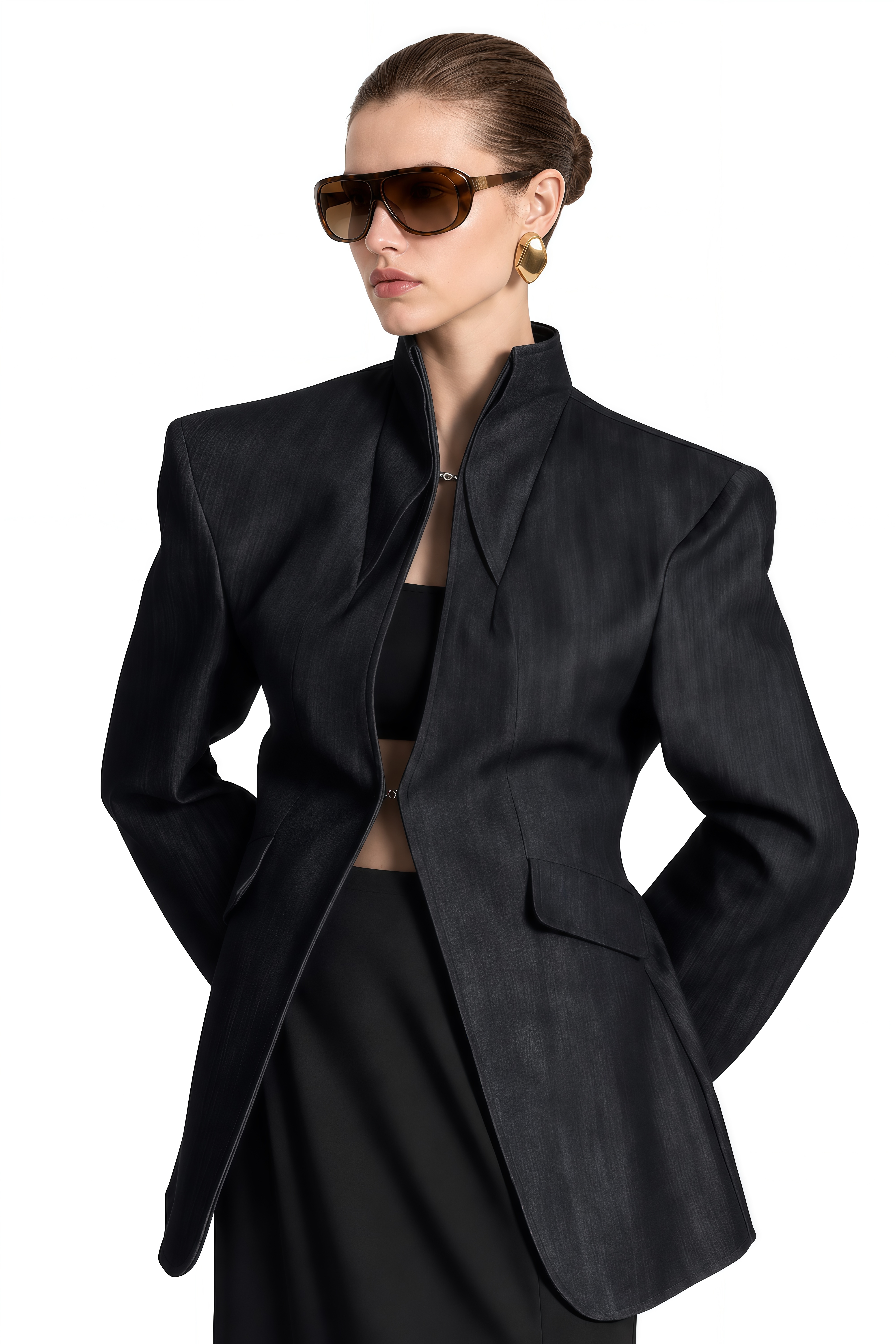 Pearl Dark Charcoal Blue Long Sleeves Curved Blazer