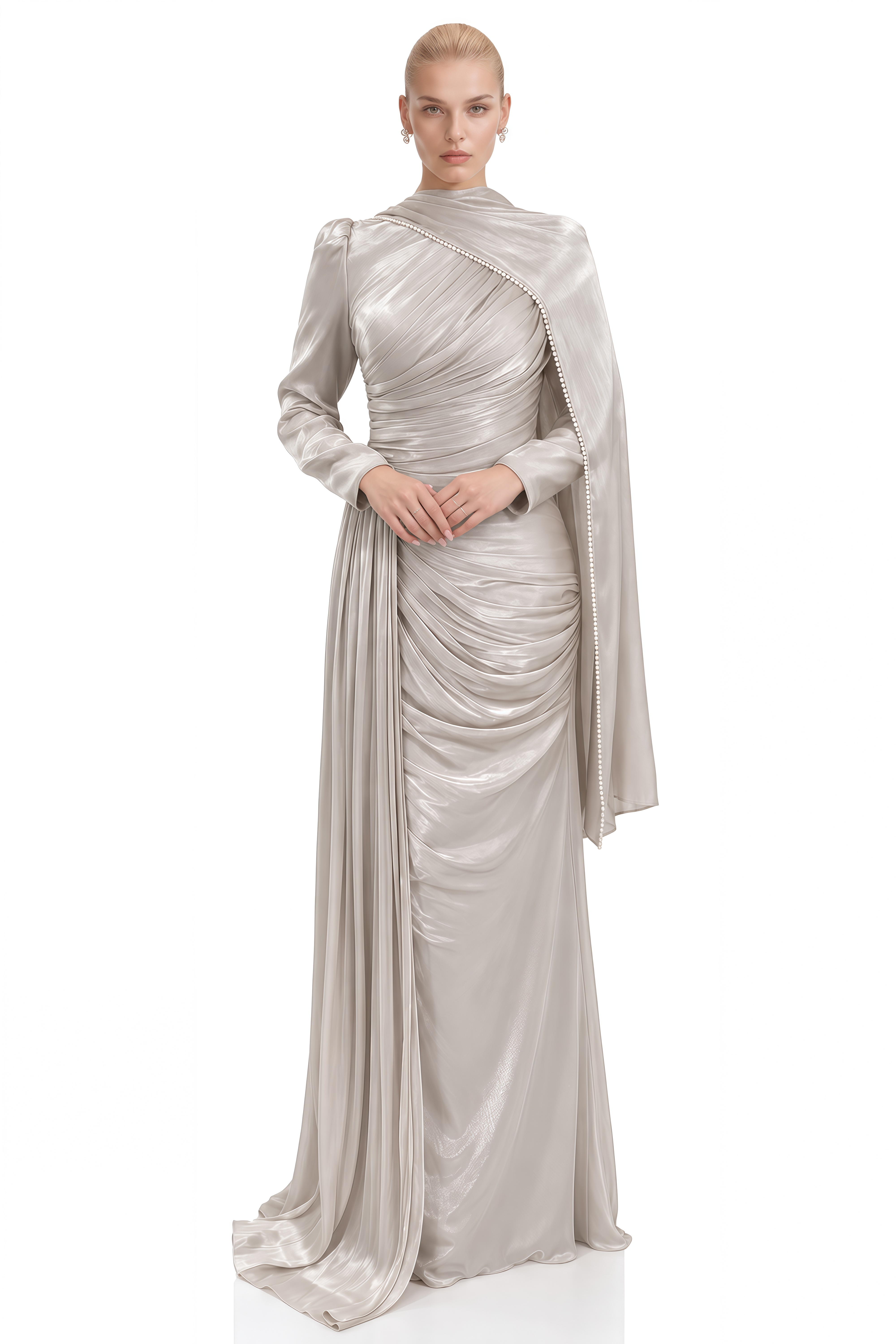 Ruby Light Grey Long Sleeves Cape Maxi Dress