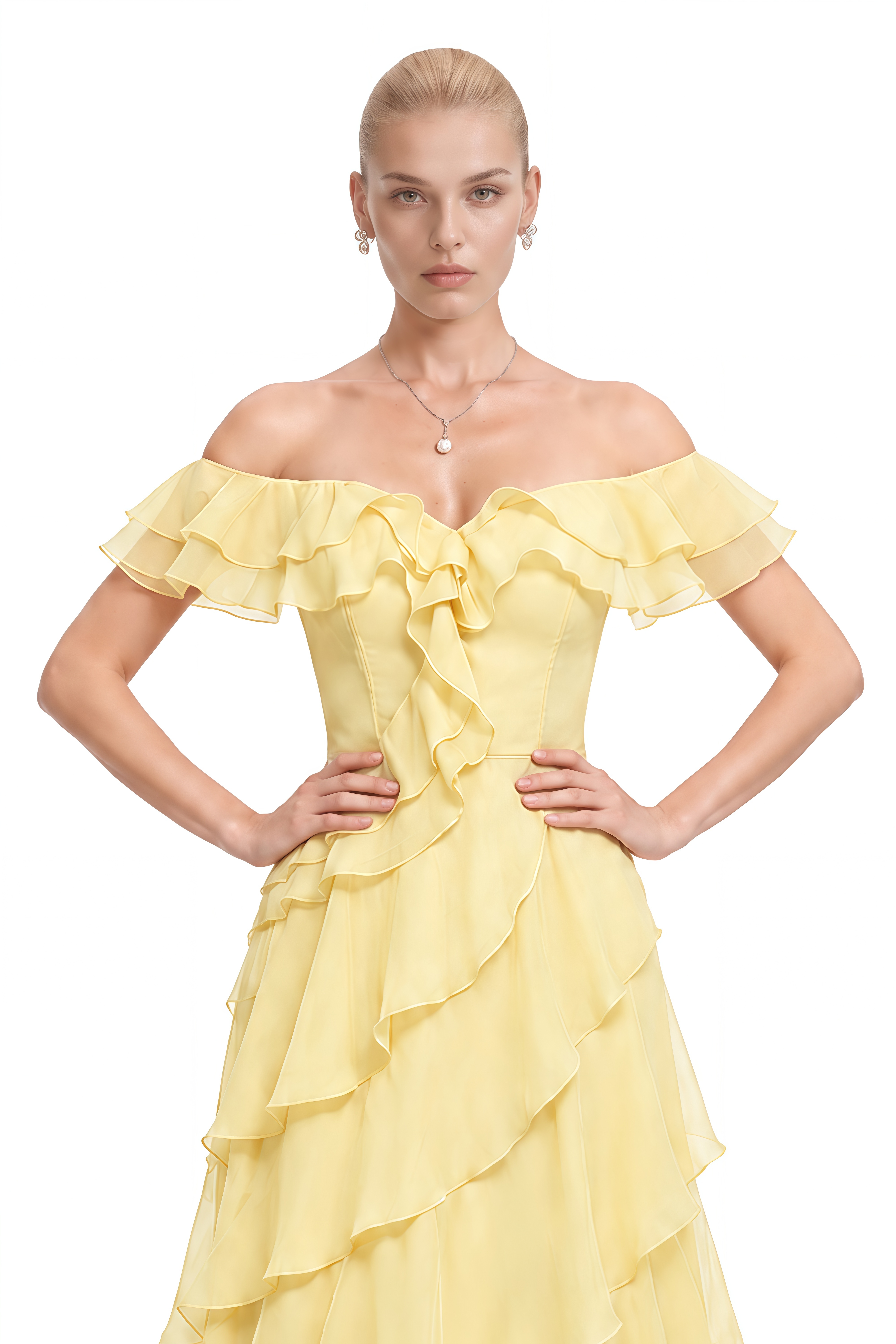 Maren Yellow Off-Shoulder Layered Maxi Dress