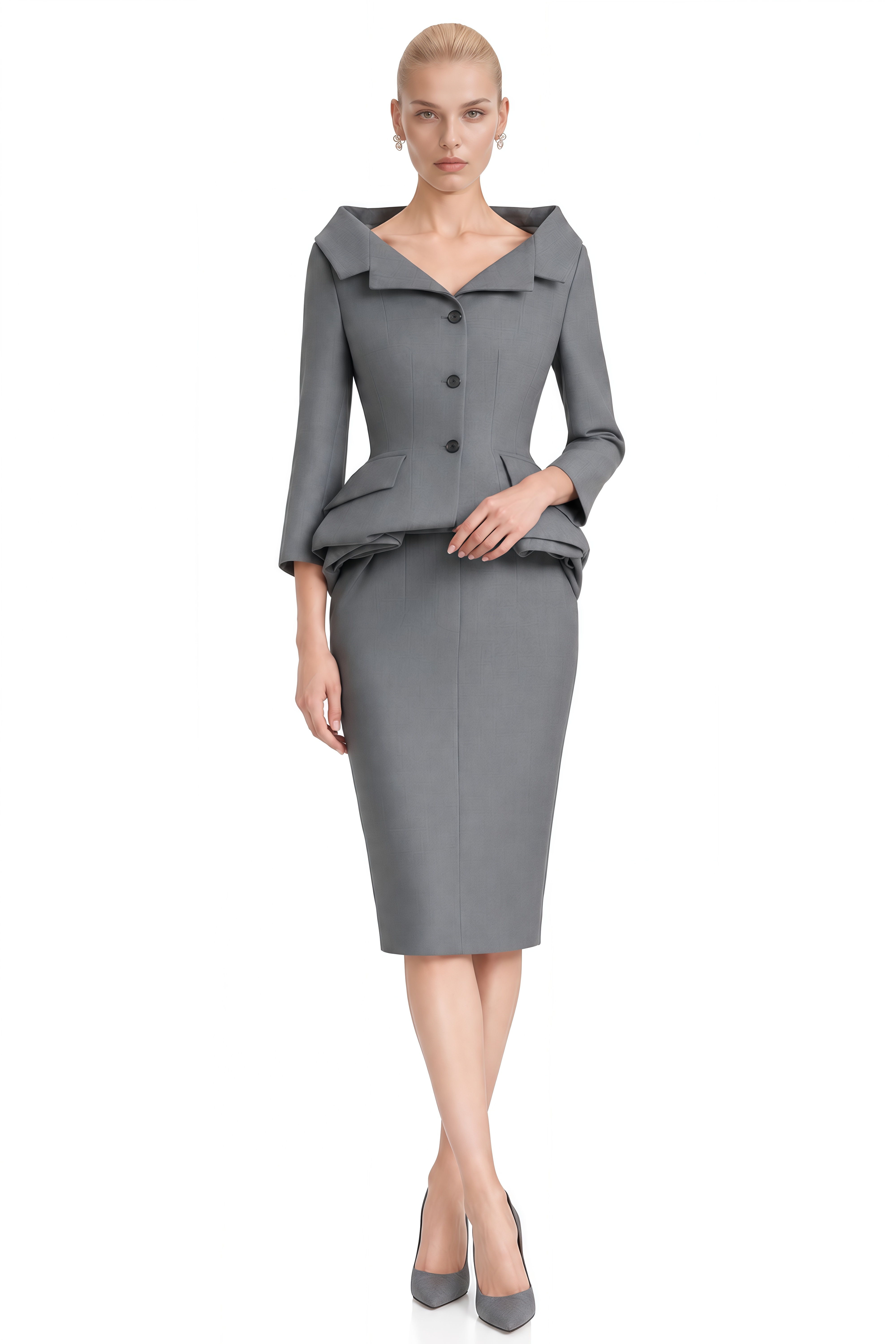 Coco Grey Notched Lapel Ruffled Blazer & Skirt Set