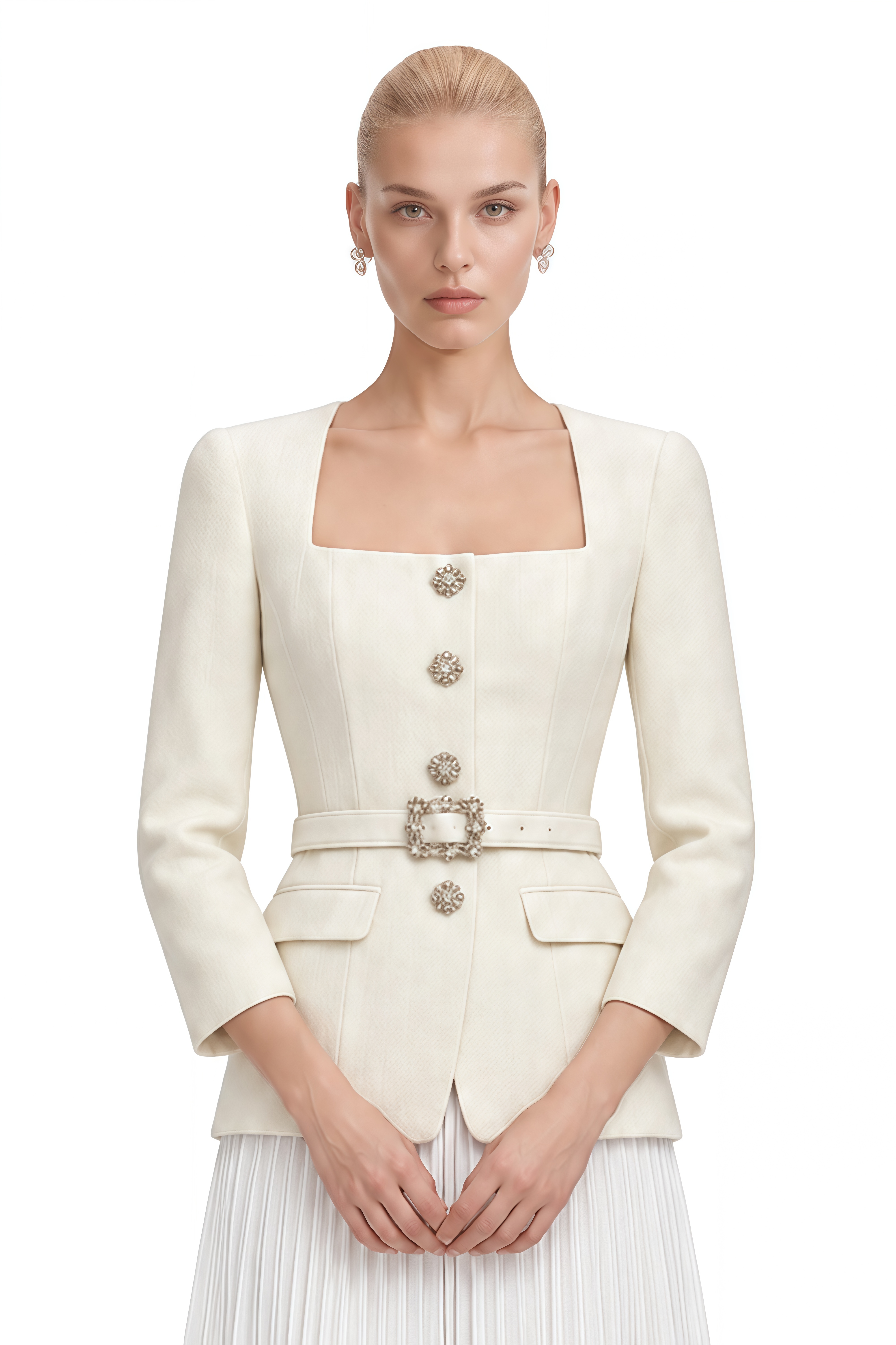 Lavinia Ivory Embellished Pleated Jacket & Skirt Set