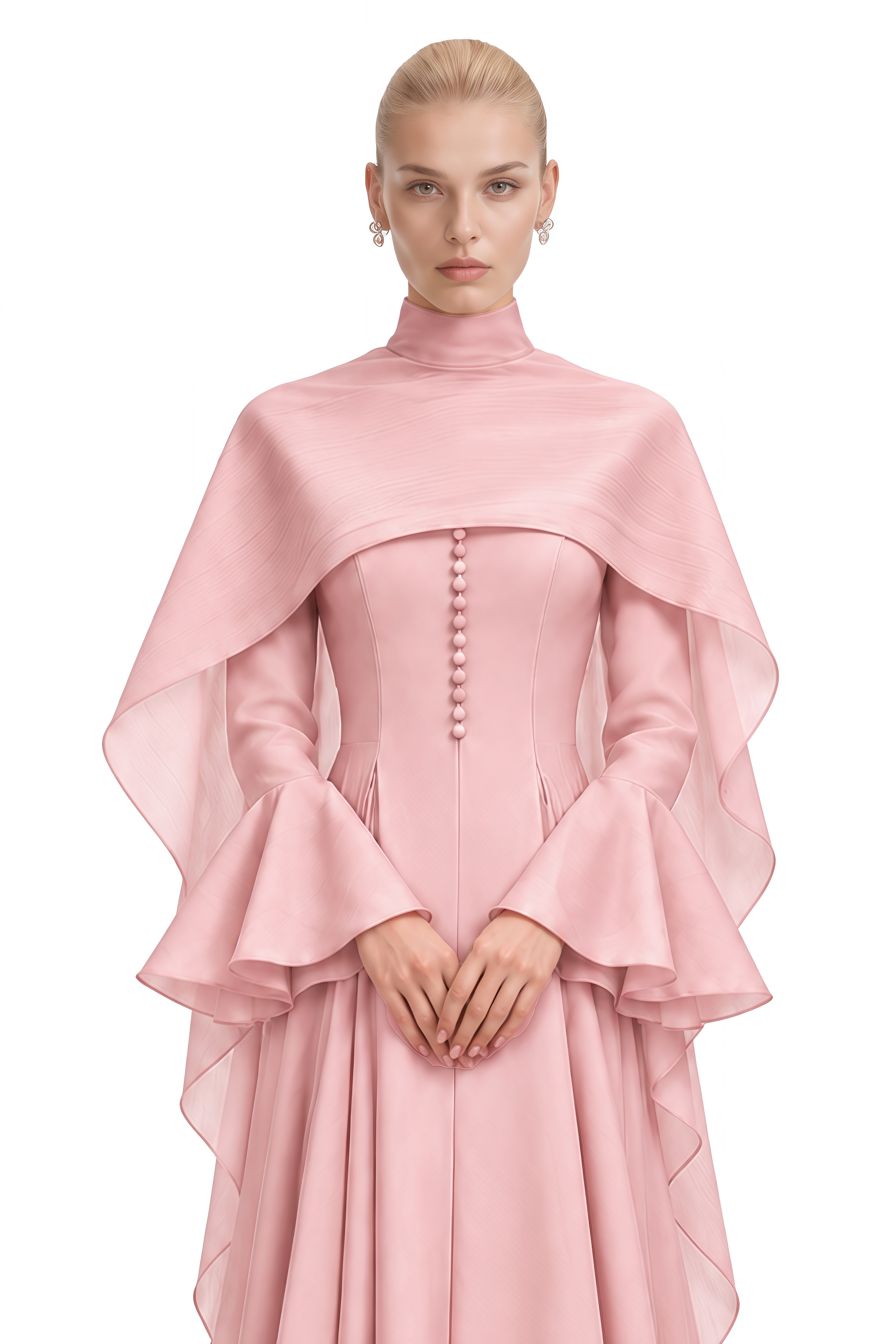 Noelle Pink Cape Design Pleated Maxi Dress