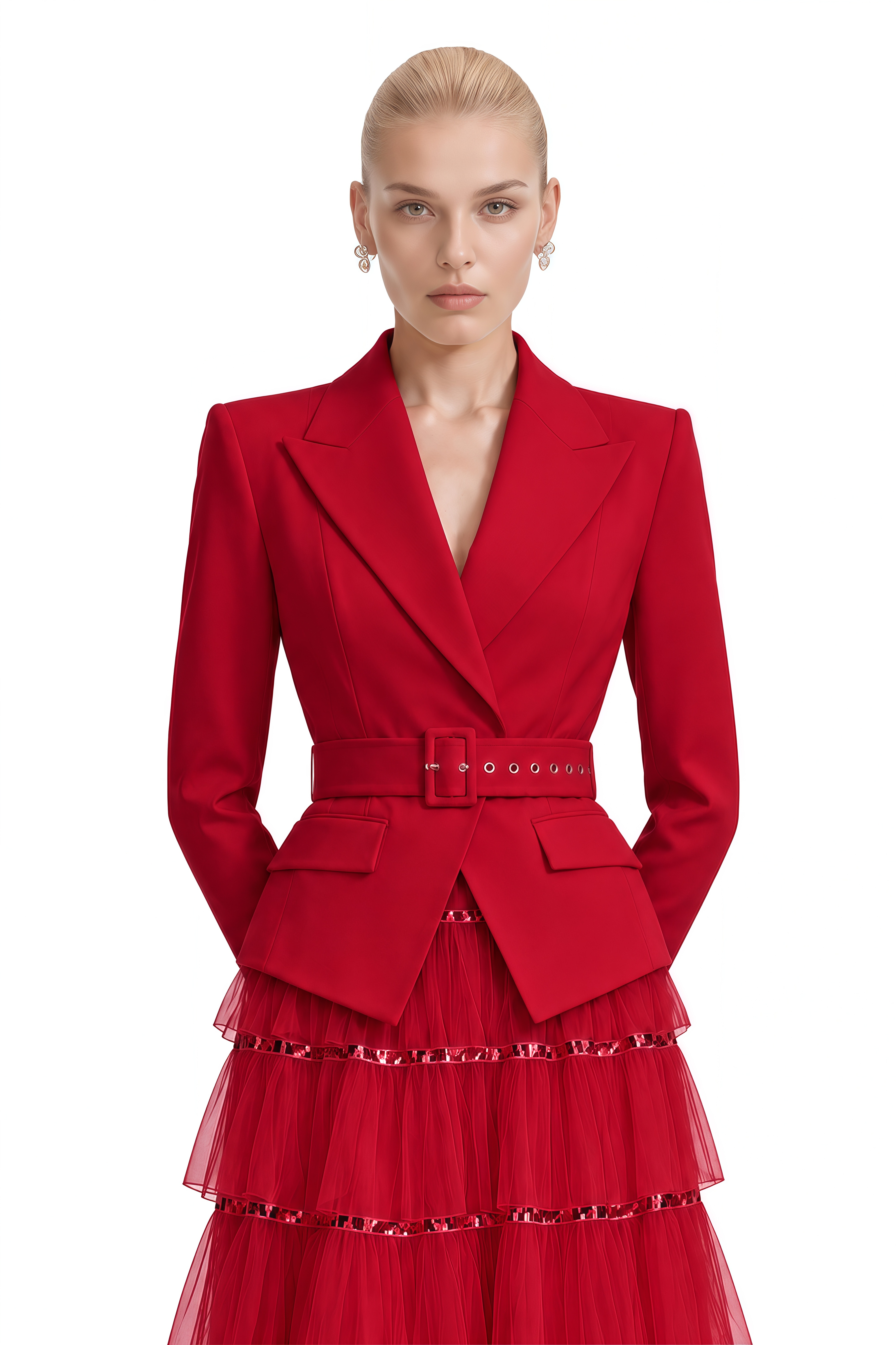 Delphine Red Sequin Belted Maxi Dress