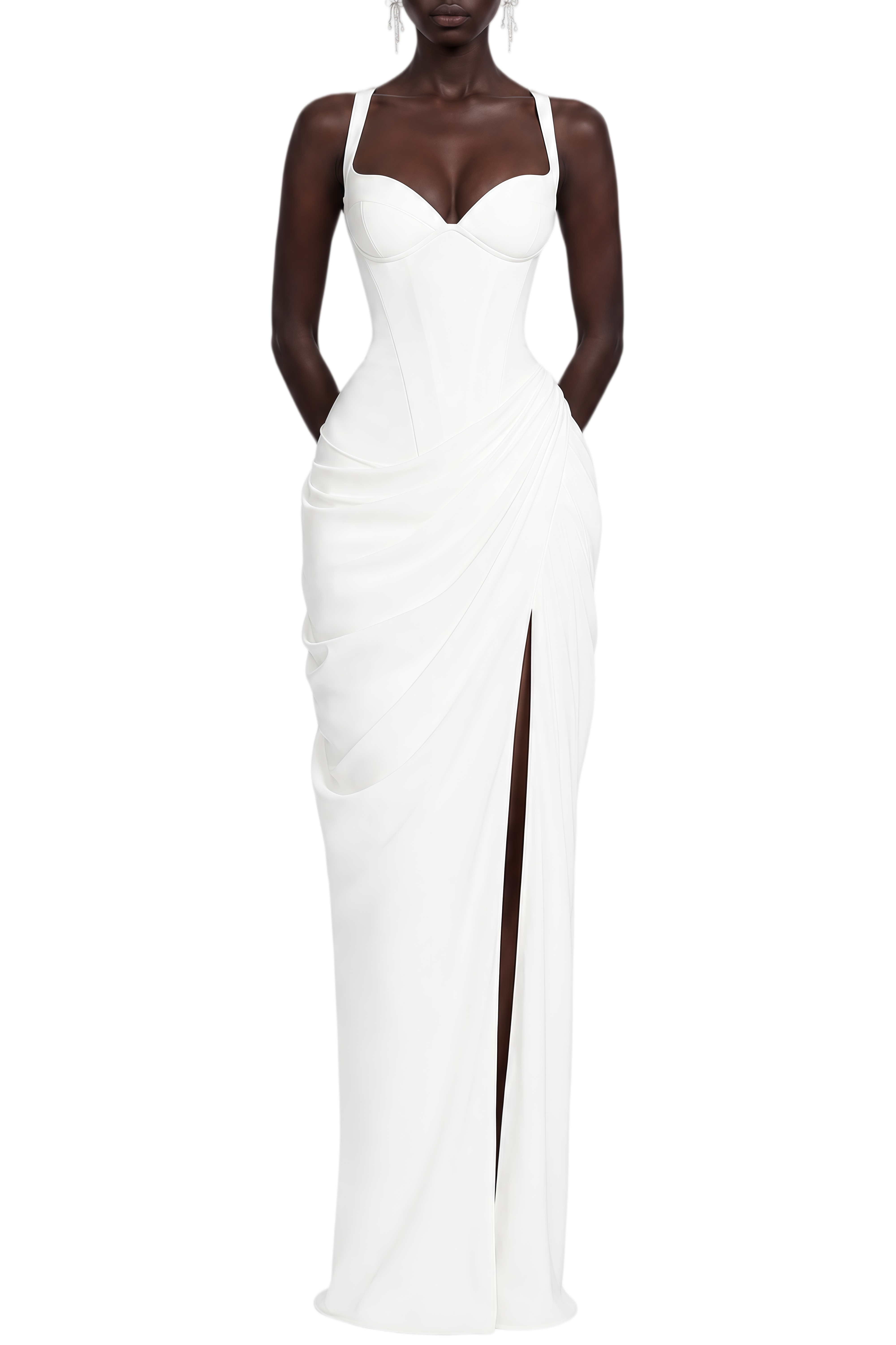 Rosamund White Sleeveless Ruched Maxi Dress