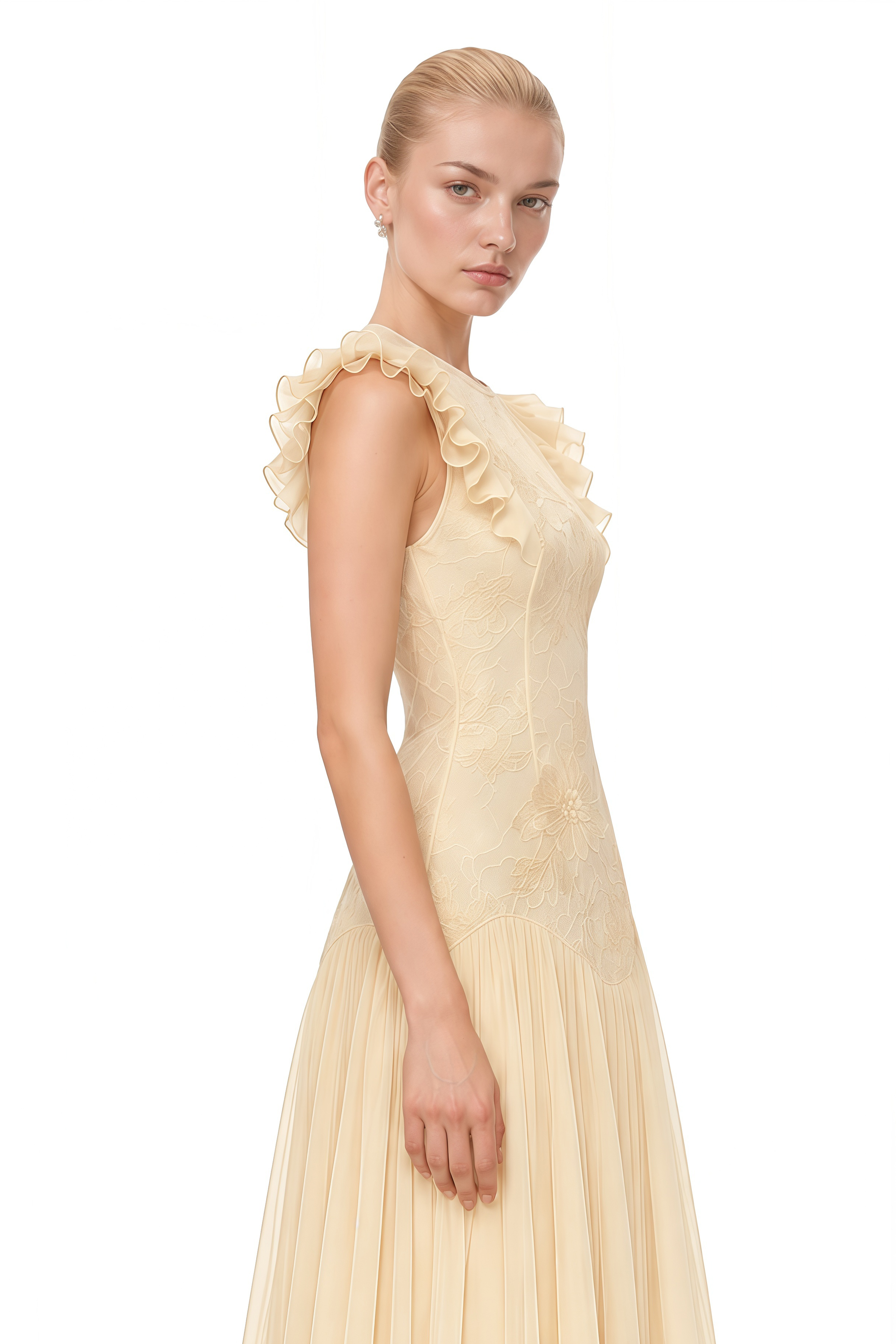 Manon Yellow Round Neck Pleated Midi Dress