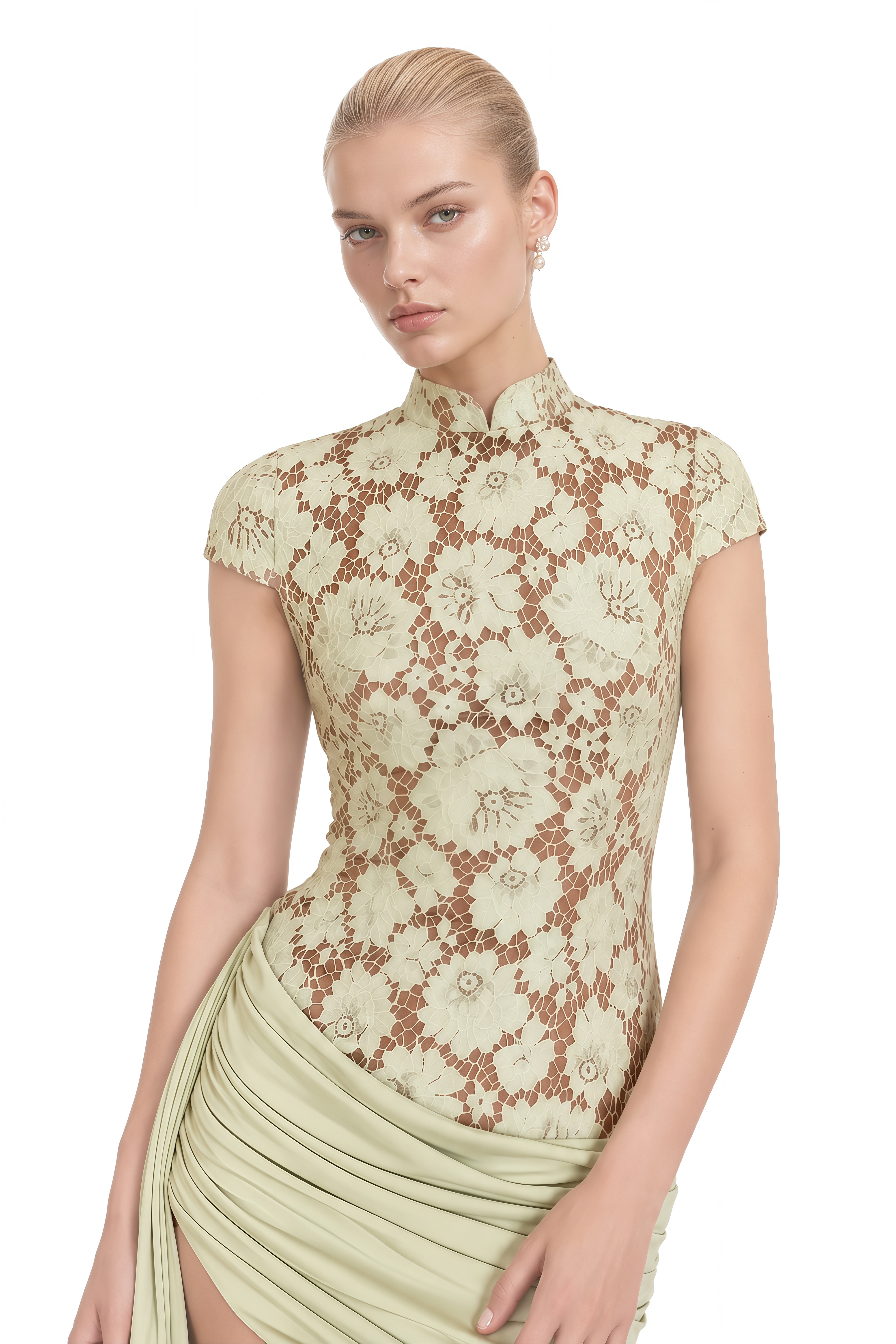Zephyra Green Turtleneck Floral Lace Mini Dress