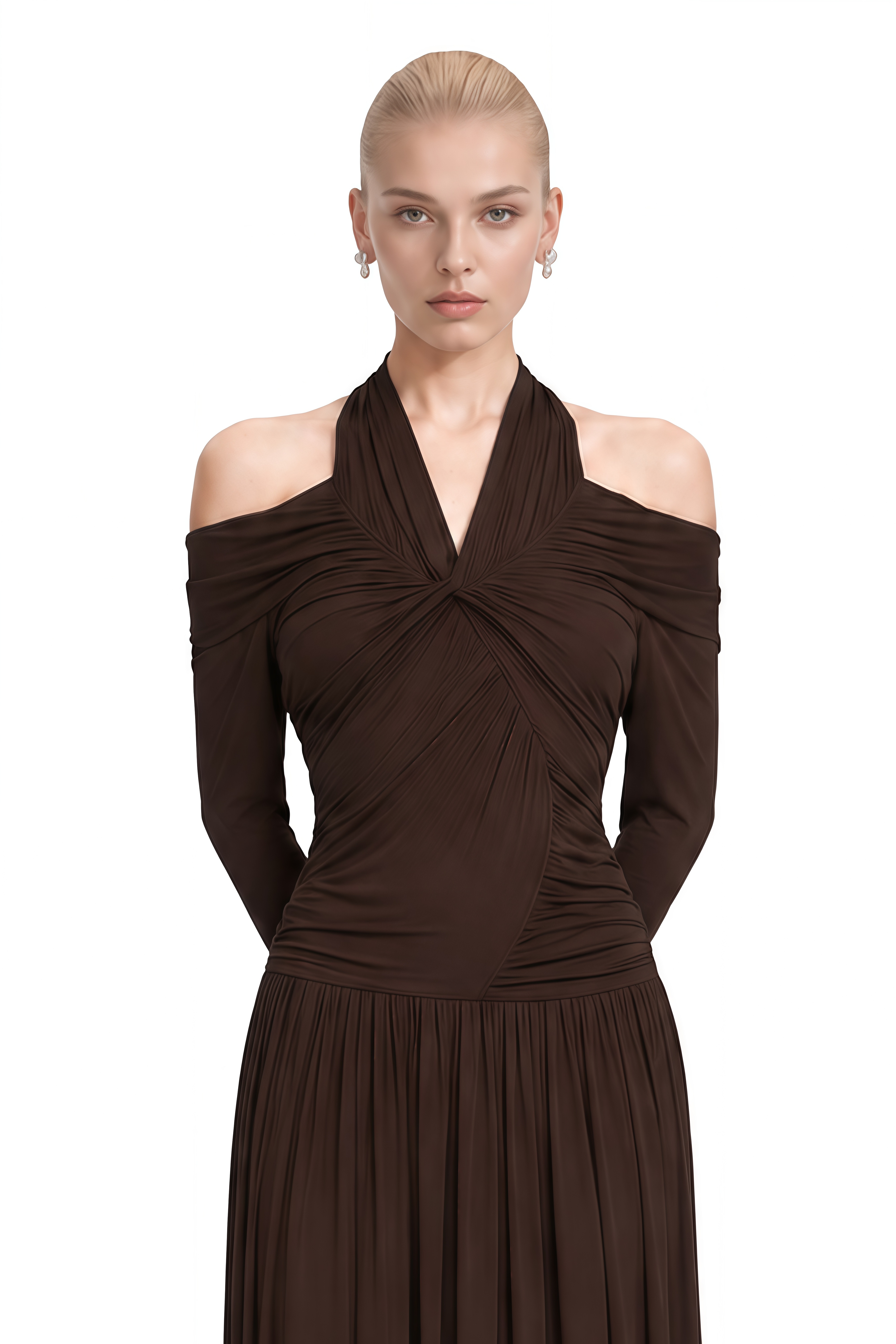 Nerissa Brown Off Shoulder Draped Maxi Dress
