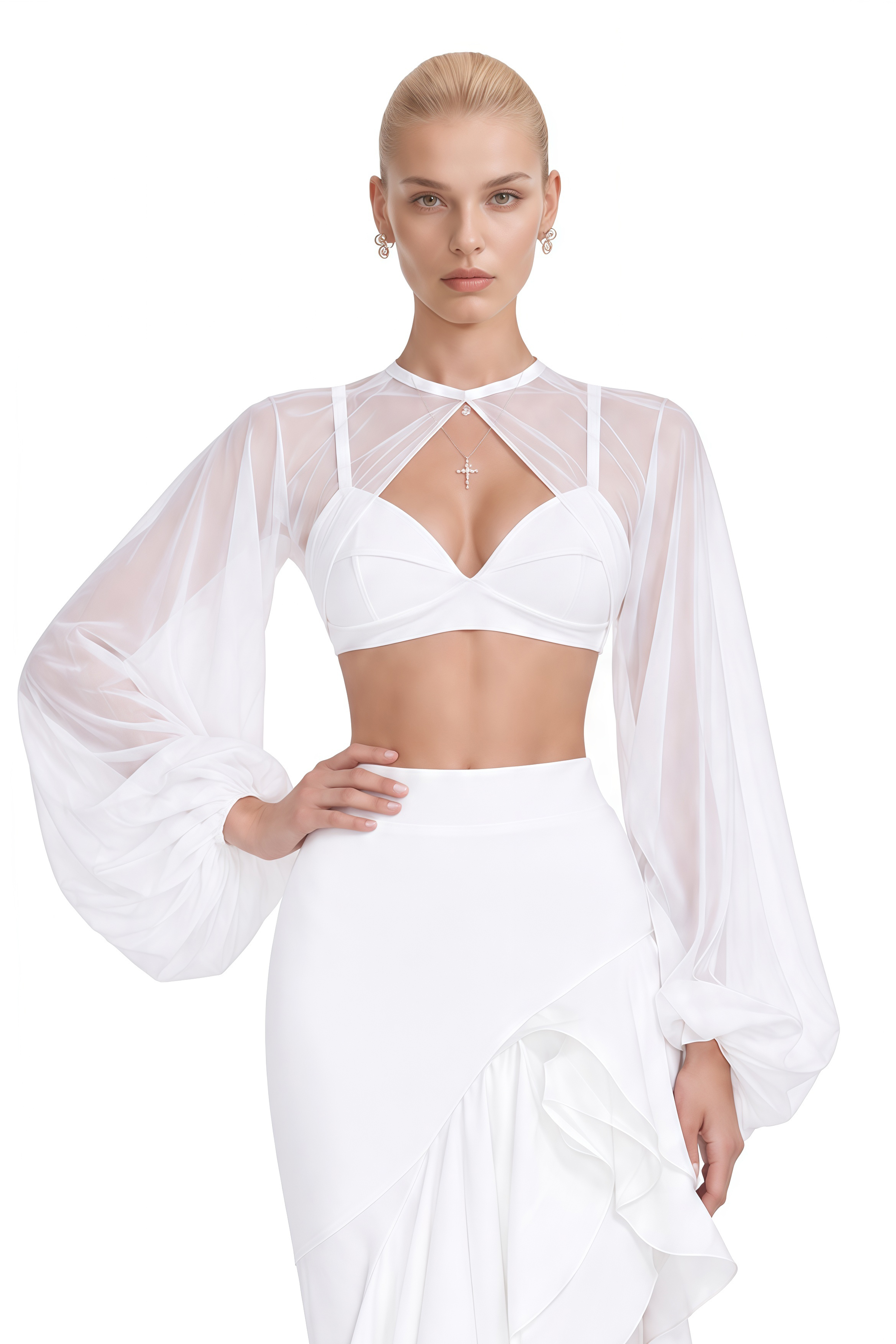 Juliet White Cape Sleeve Asymmetrical Top & Skirt Set