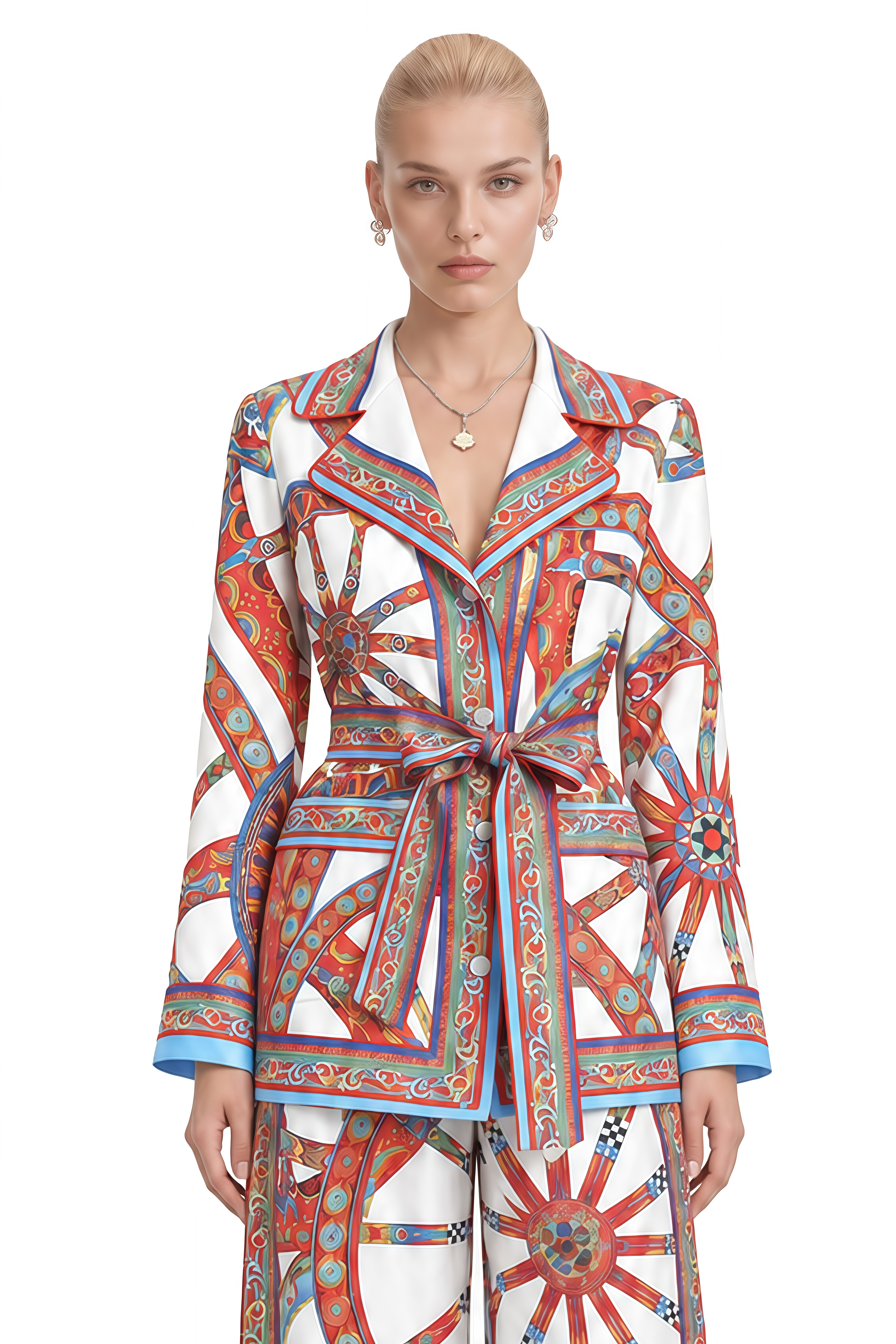 Elodie Multicolor Geometric Print Belted Blouse & Trousers Set