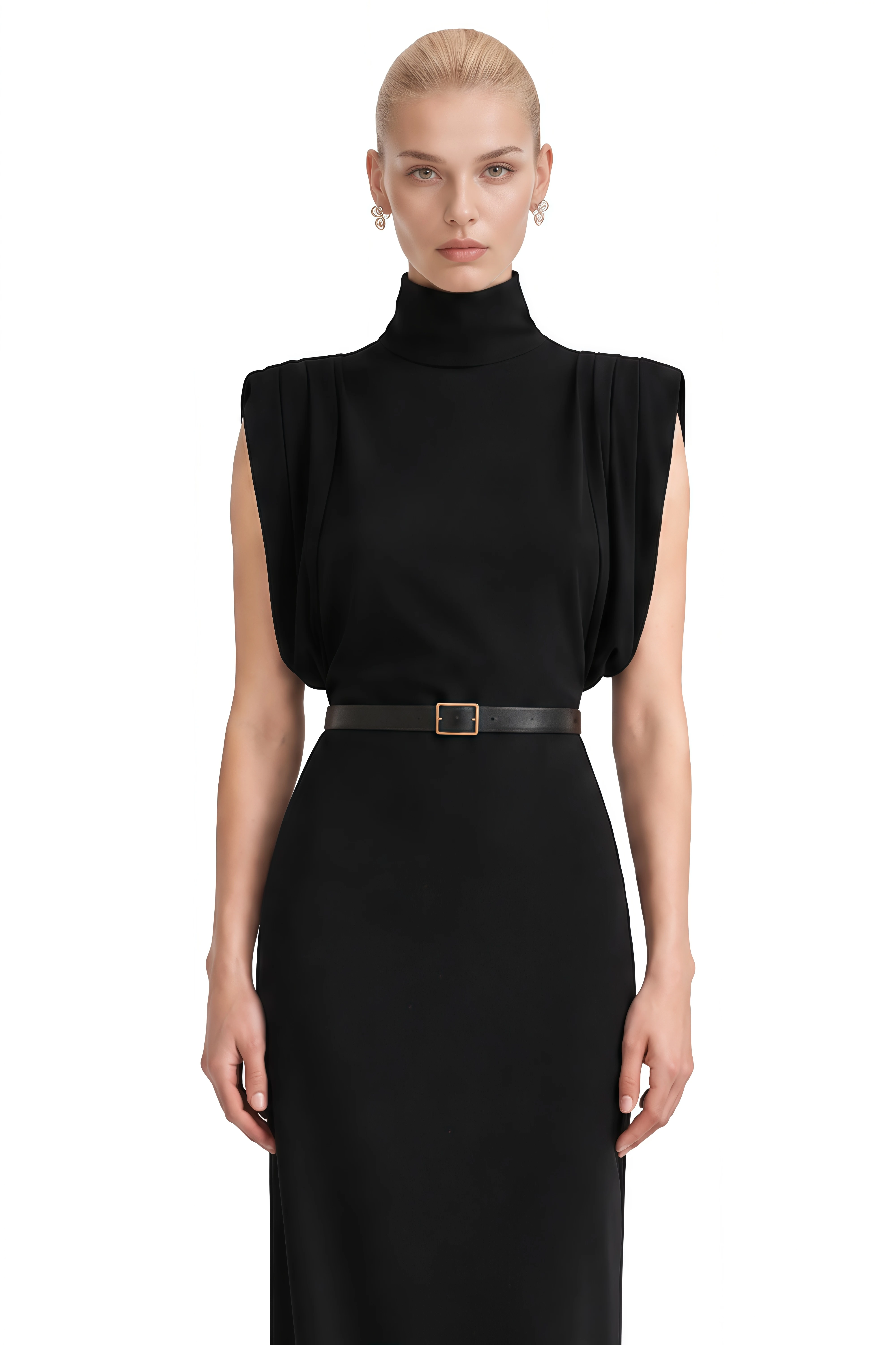 Inès Black Turtleneck Belted Maxi Dress