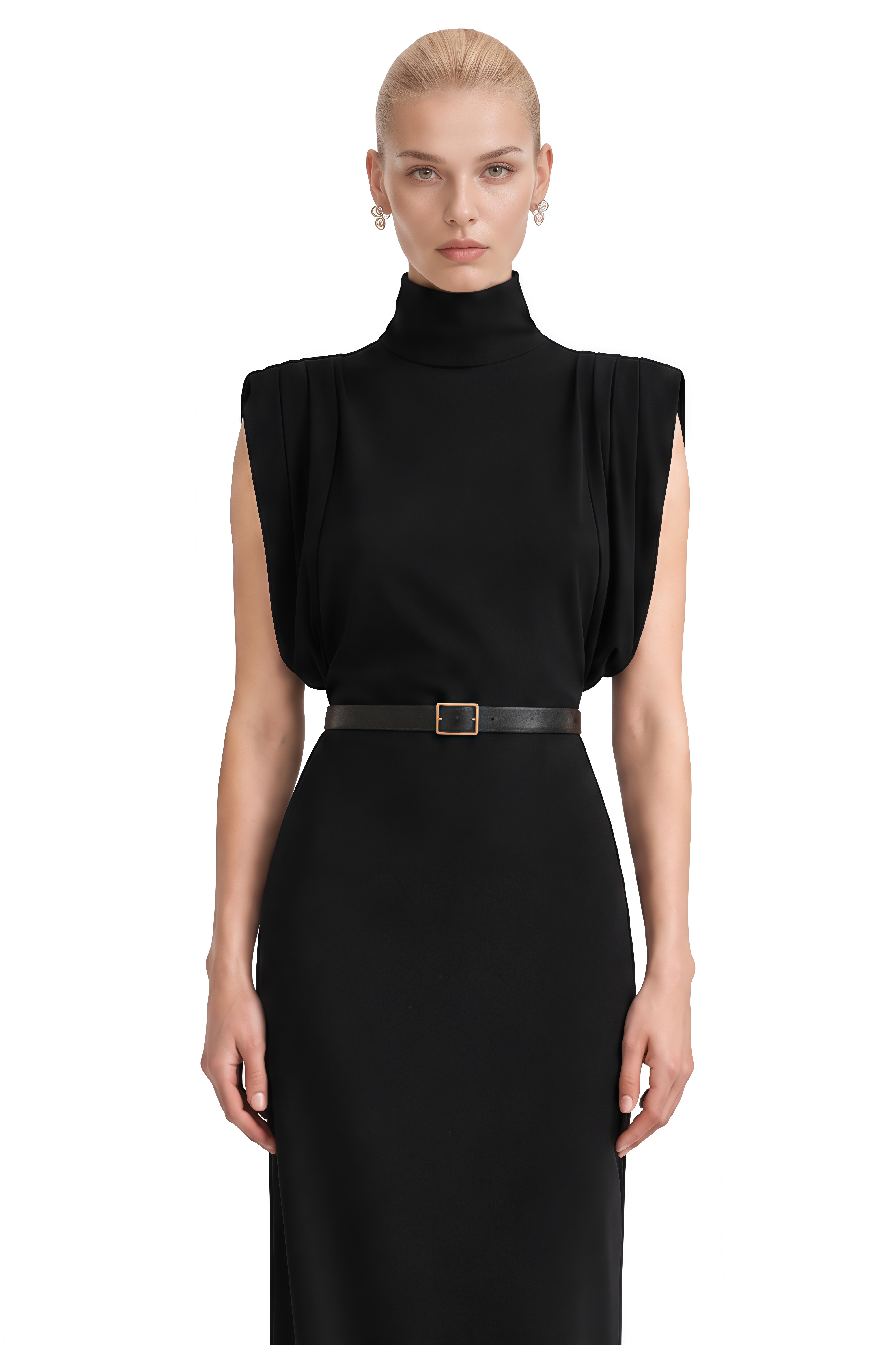 Inès Black Turtleneck Belted Maxi Dress