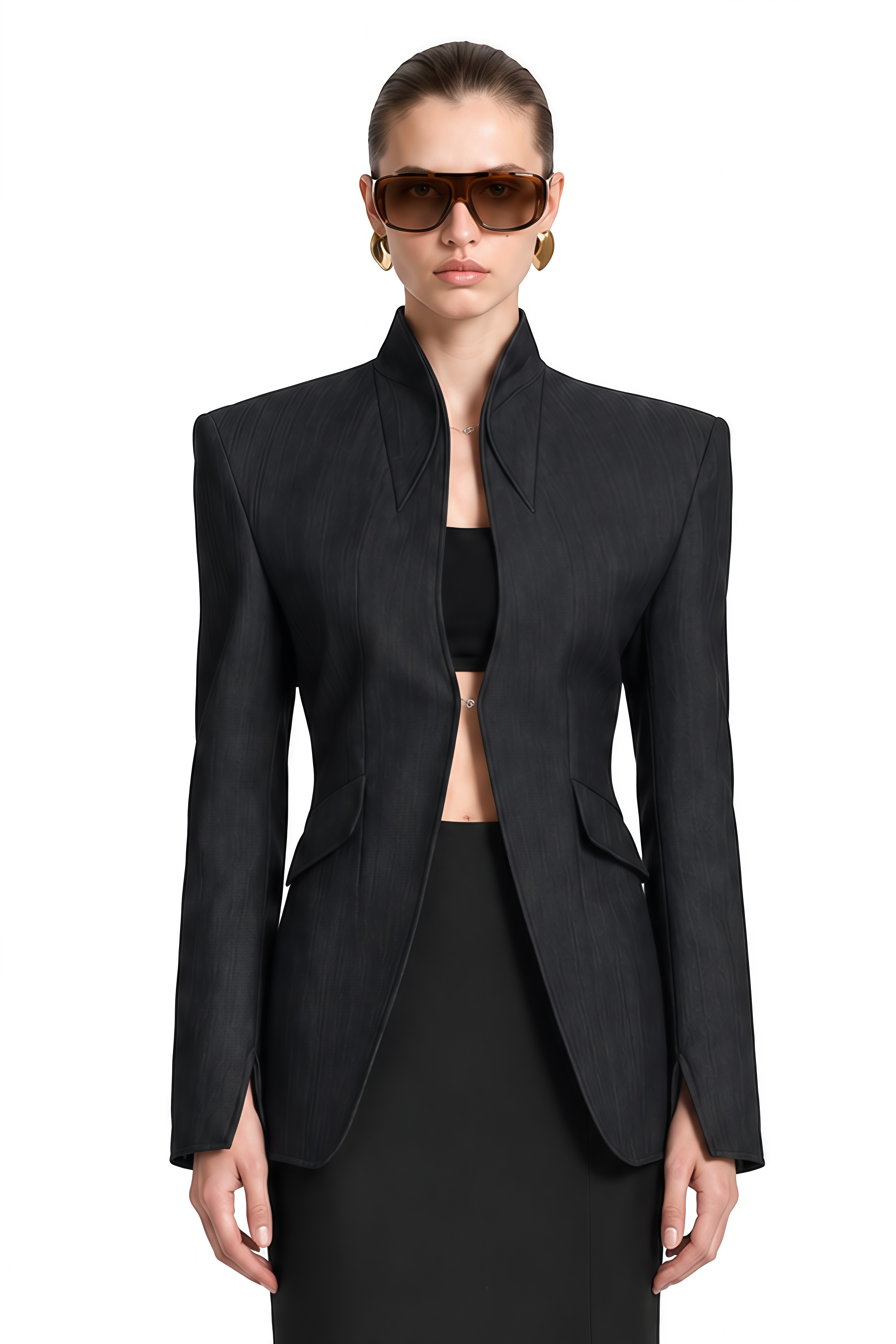 Pearl Dark Charcoal Blue Long Sleeves Curved Blazer