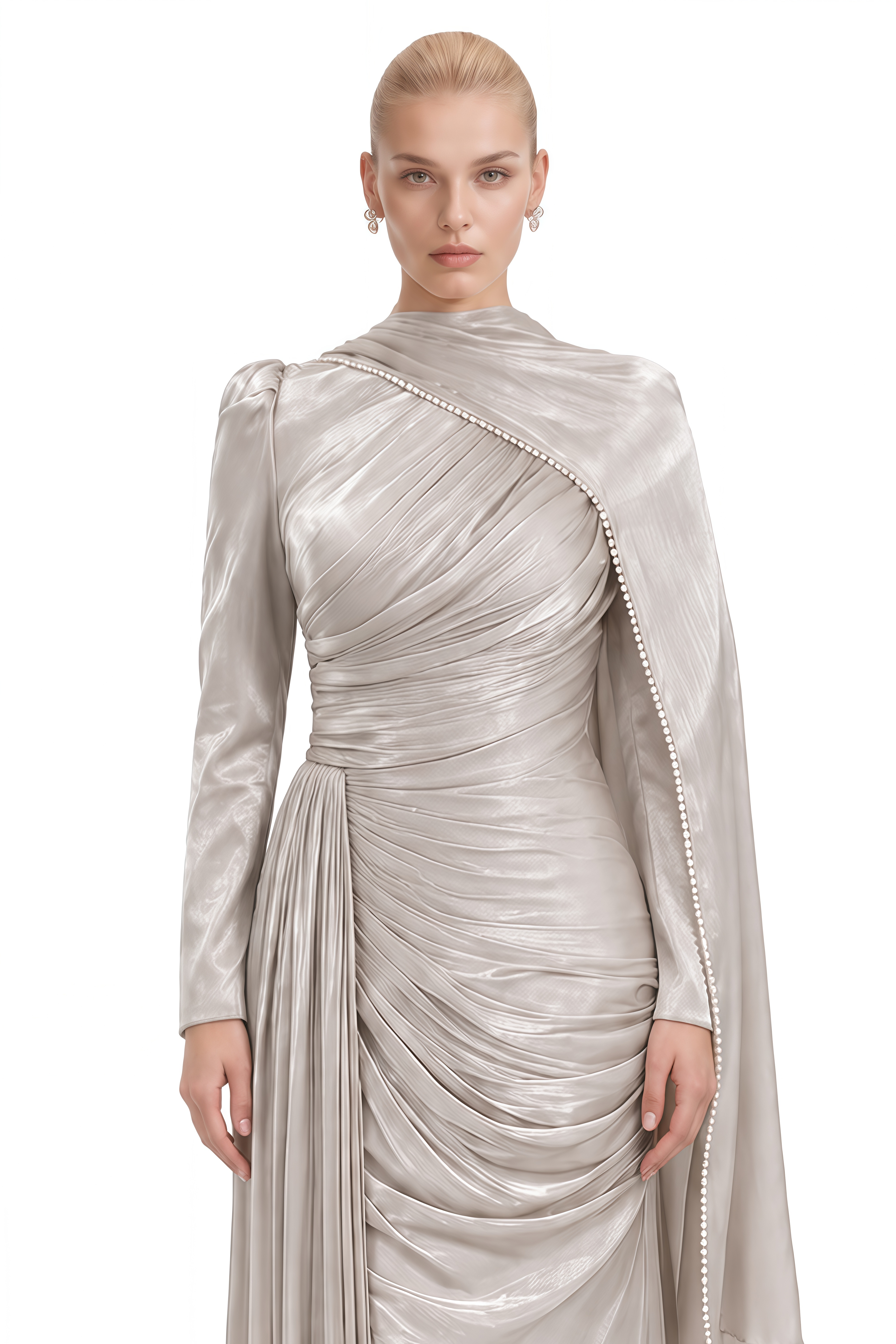 Ruby Light Grey Long Sleeves Cape Maxi Dress